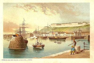St Helier Harbour & Fort Regent Jersey Channel Islands antique print 1890