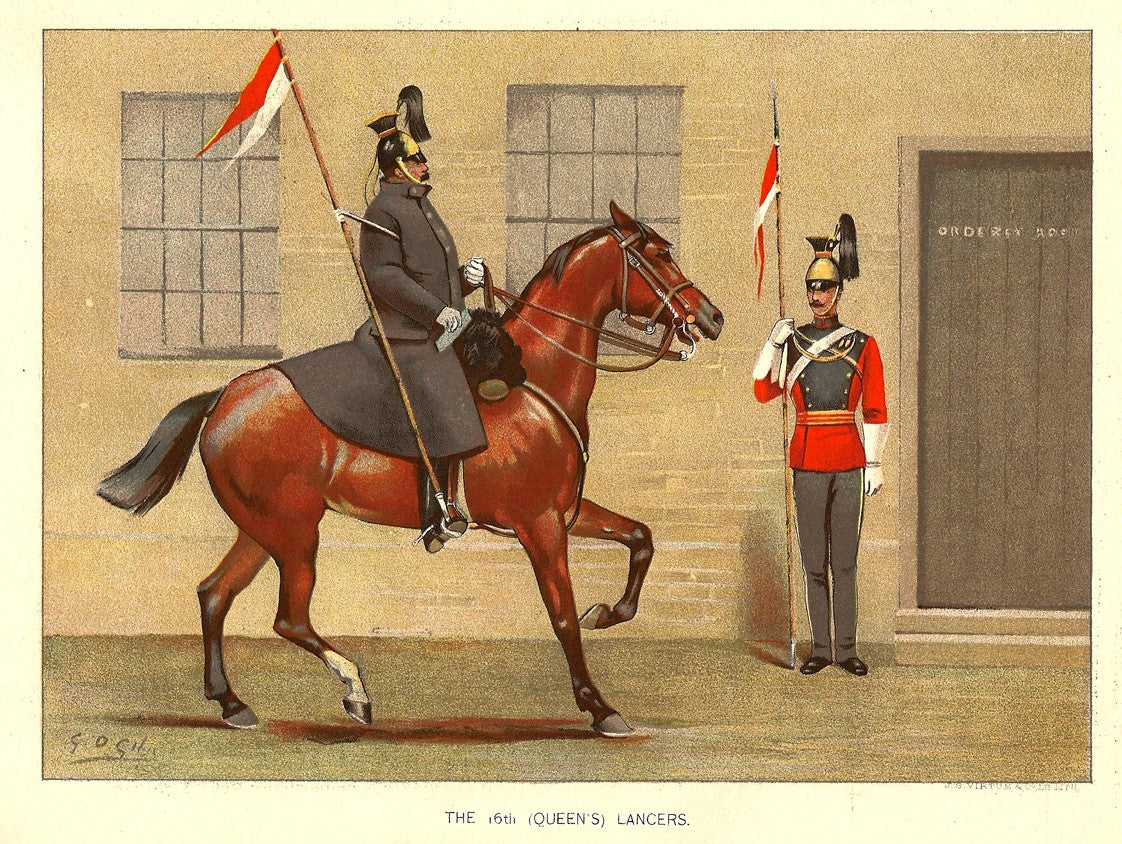 British Army 16th Queen's Lancers antique print 1890