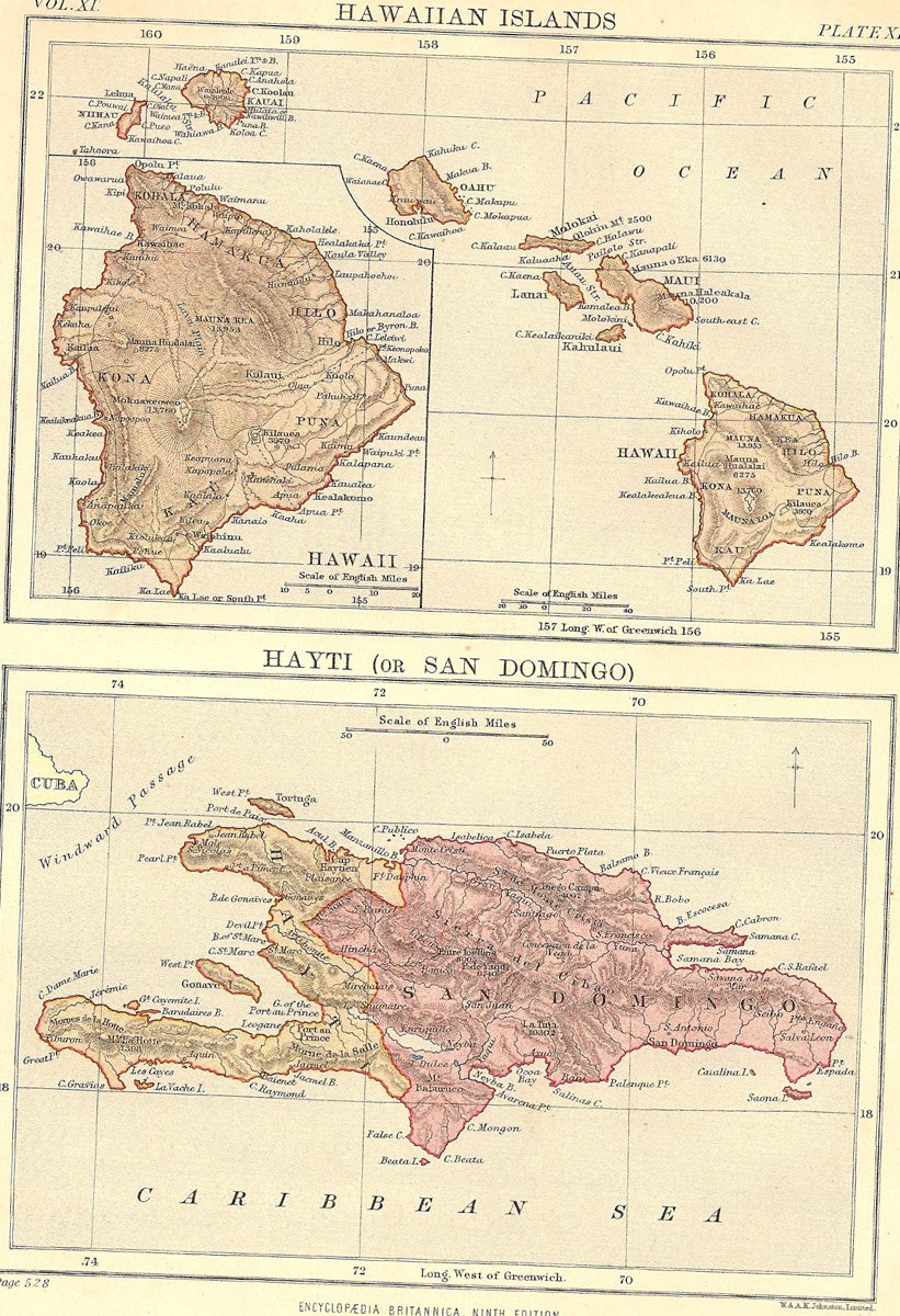 Hawaiian Islands & Hayti Haiti antique map Encyclopaedia Britannica 1889