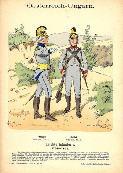 Austro-Hungarian light infantry 1798-1801 antique print dated 1894
