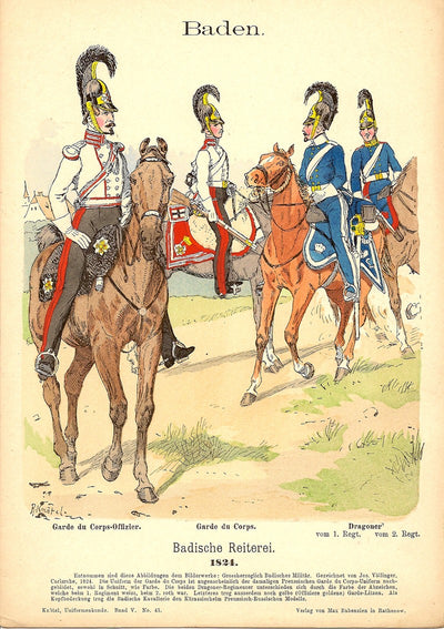 Baden Cavalry guaranteed original antique print published 1895
