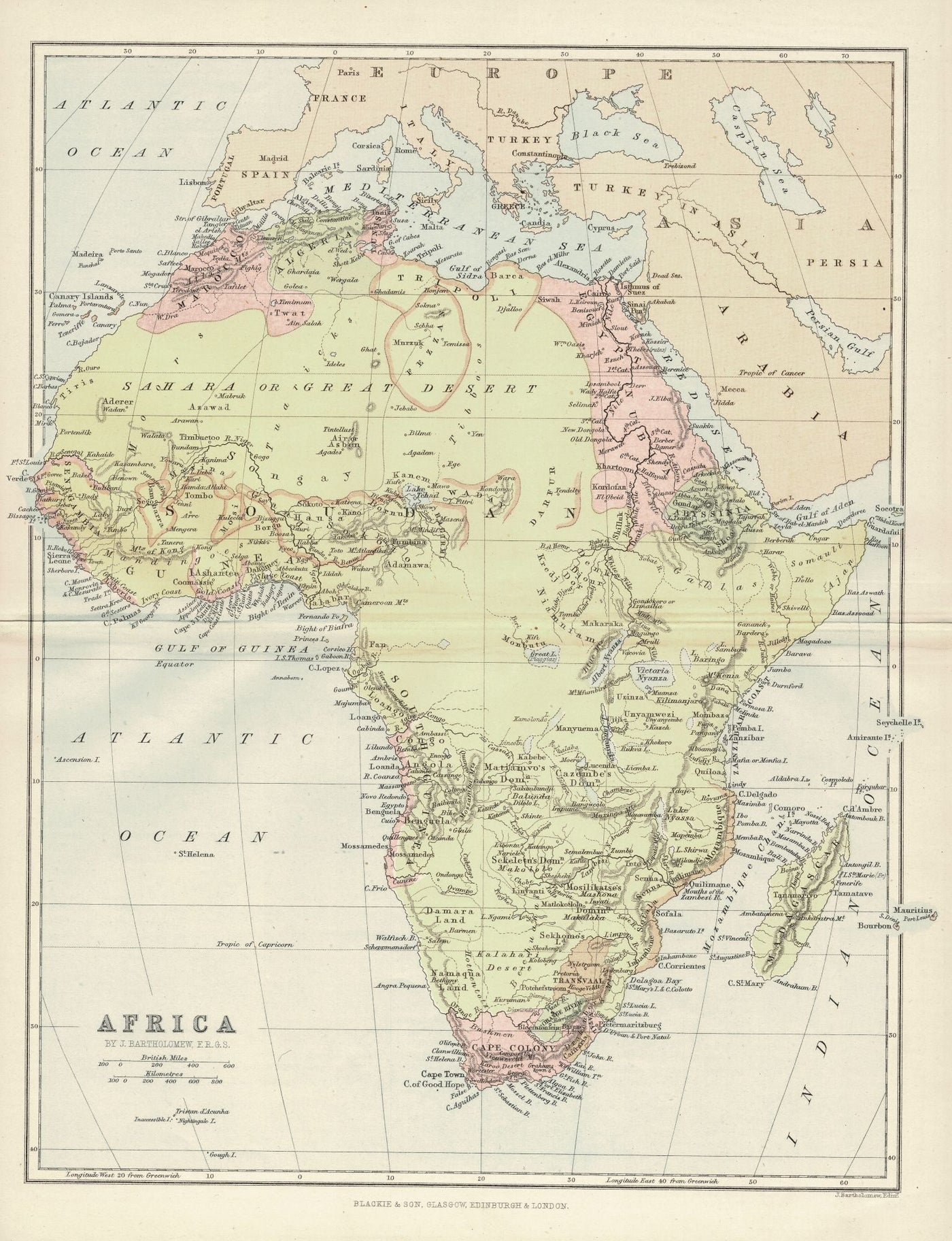 Africa antique map published by Blackie & Son c.1876