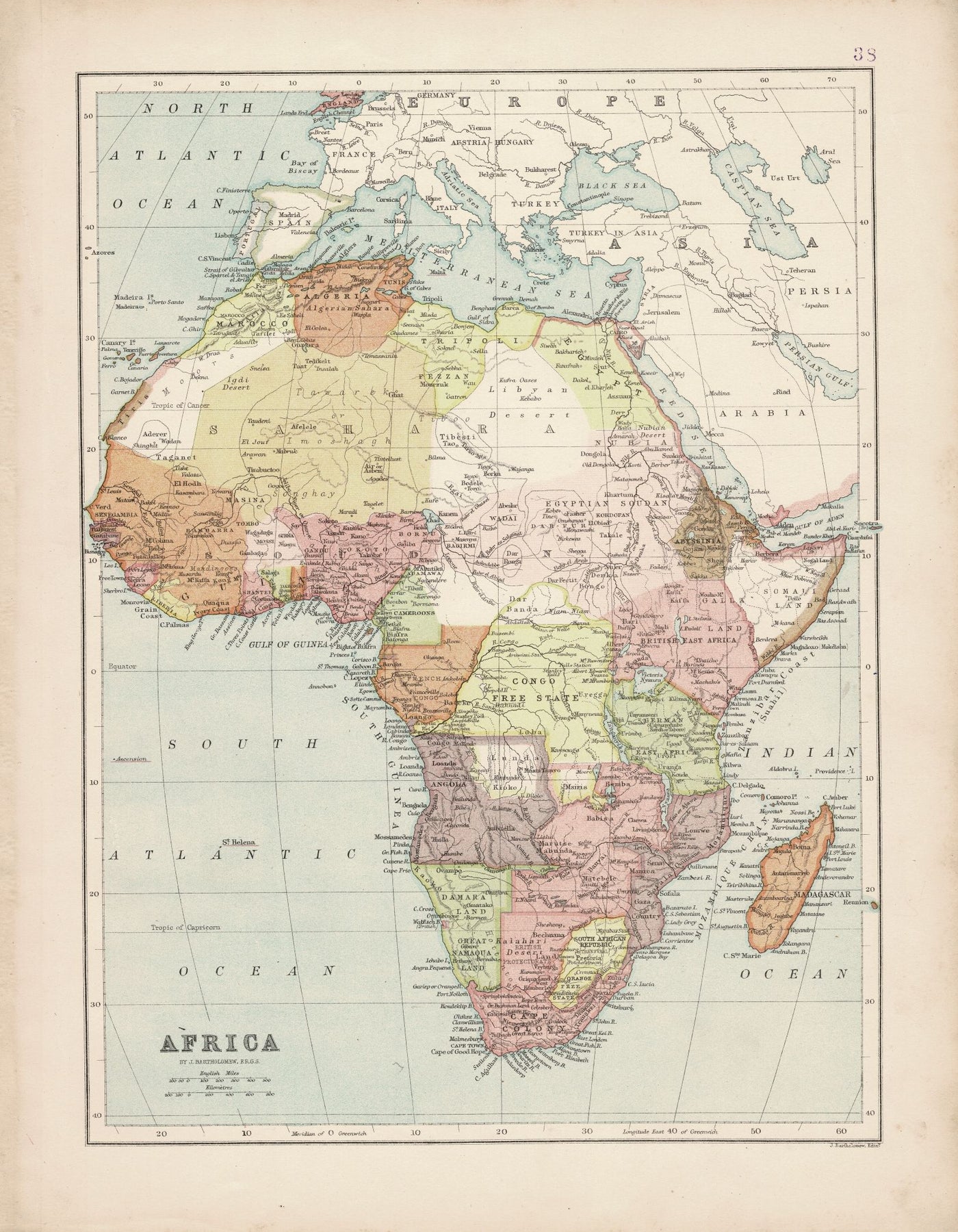 Africa antique map published 1891 by J. Bartholomew