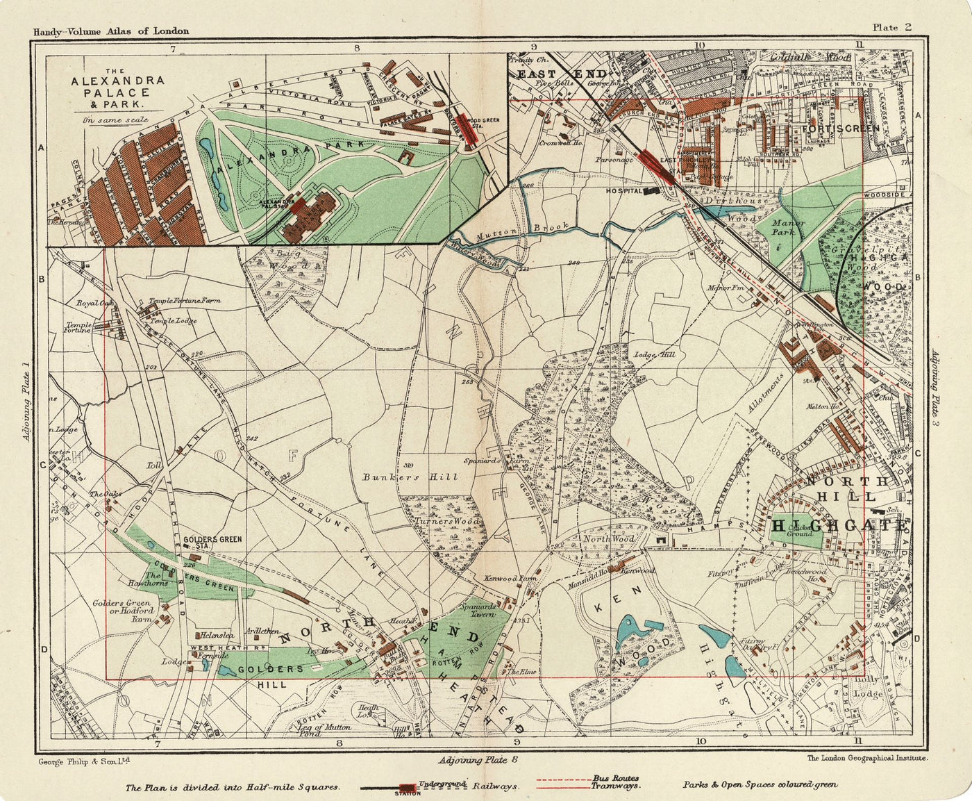Alexandra Palace, Fortis Green, Highgate, Hampstead antique map 1907