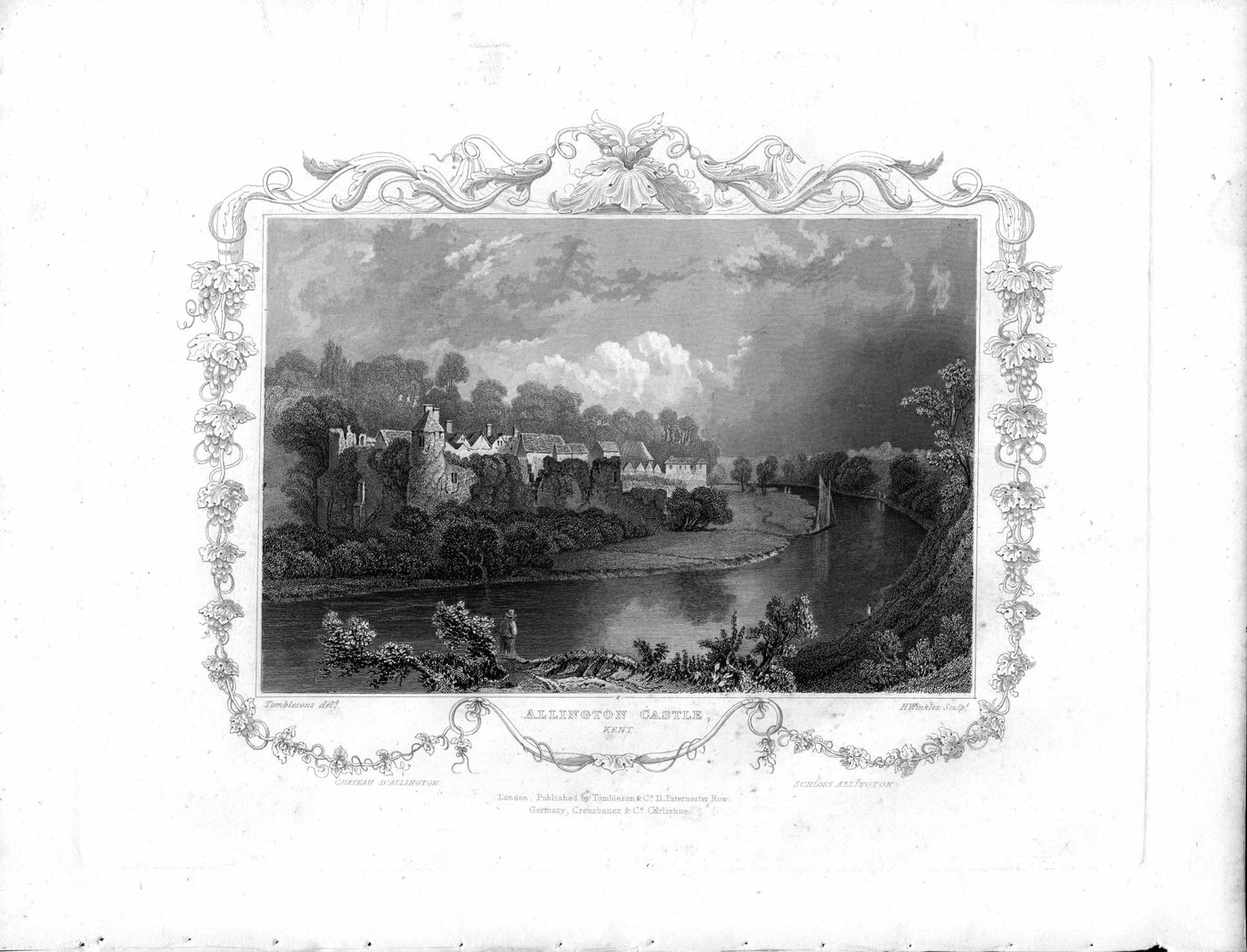 Allington Castle Kent from across the River Medway antique print 1840