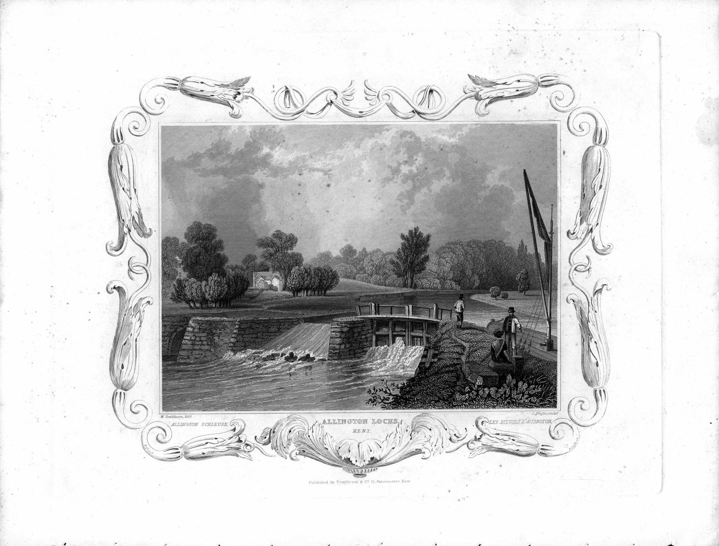 Allington Locks on the River Medway in Kent antique print 1840