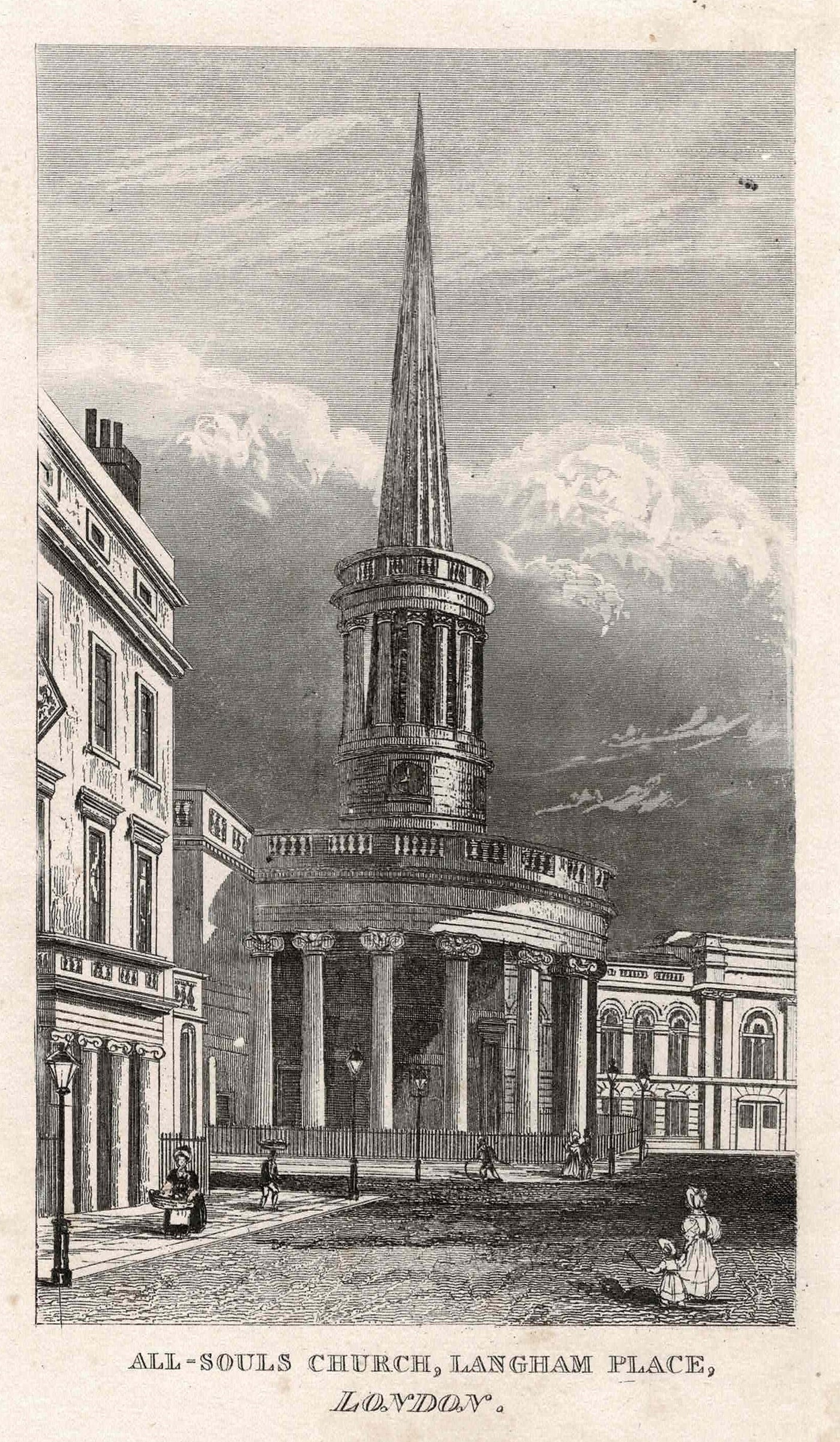 All Souls Church Langham Place London antique print 1845
