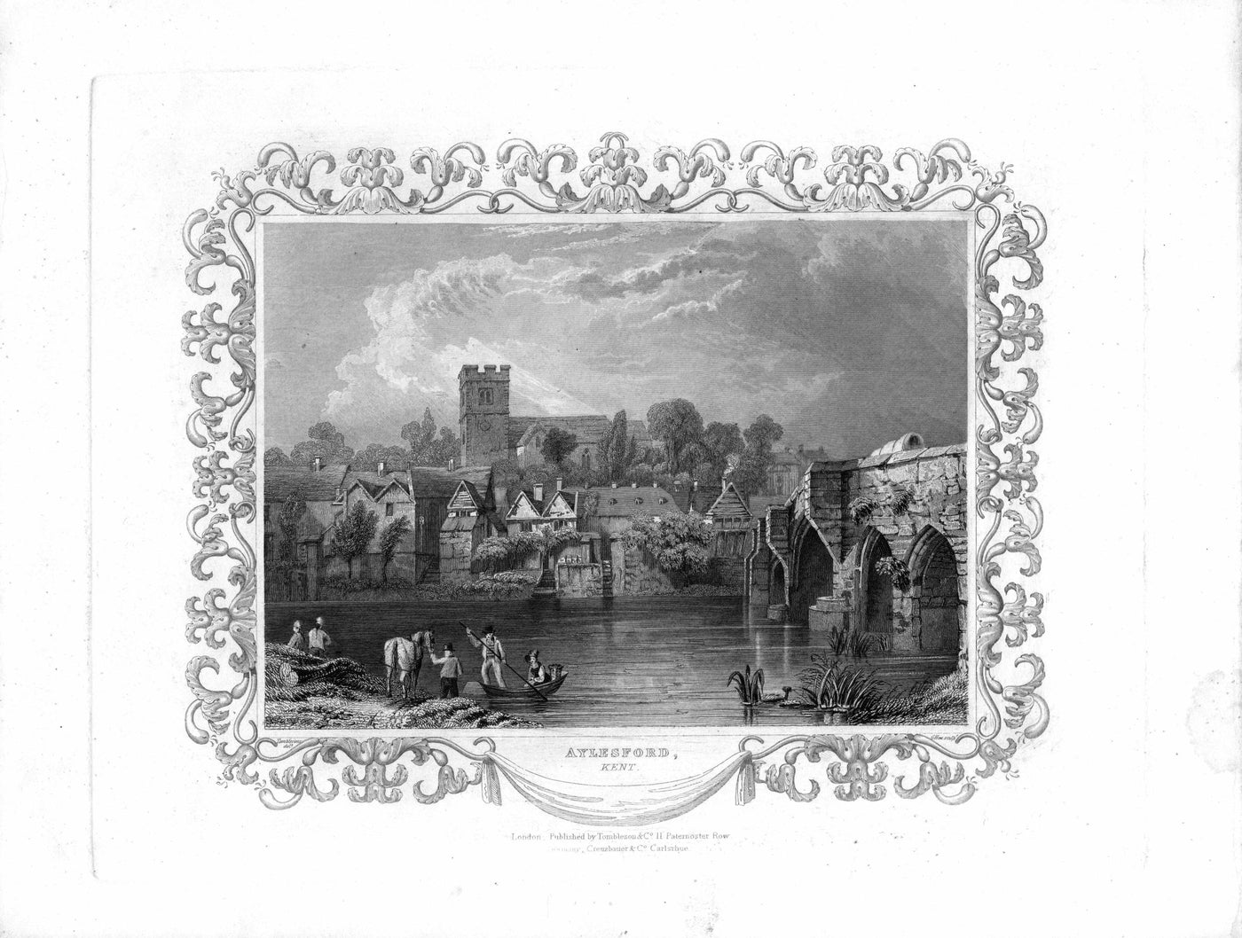 Aylesford bridge and church Kent from across the River Medway antique print 1840