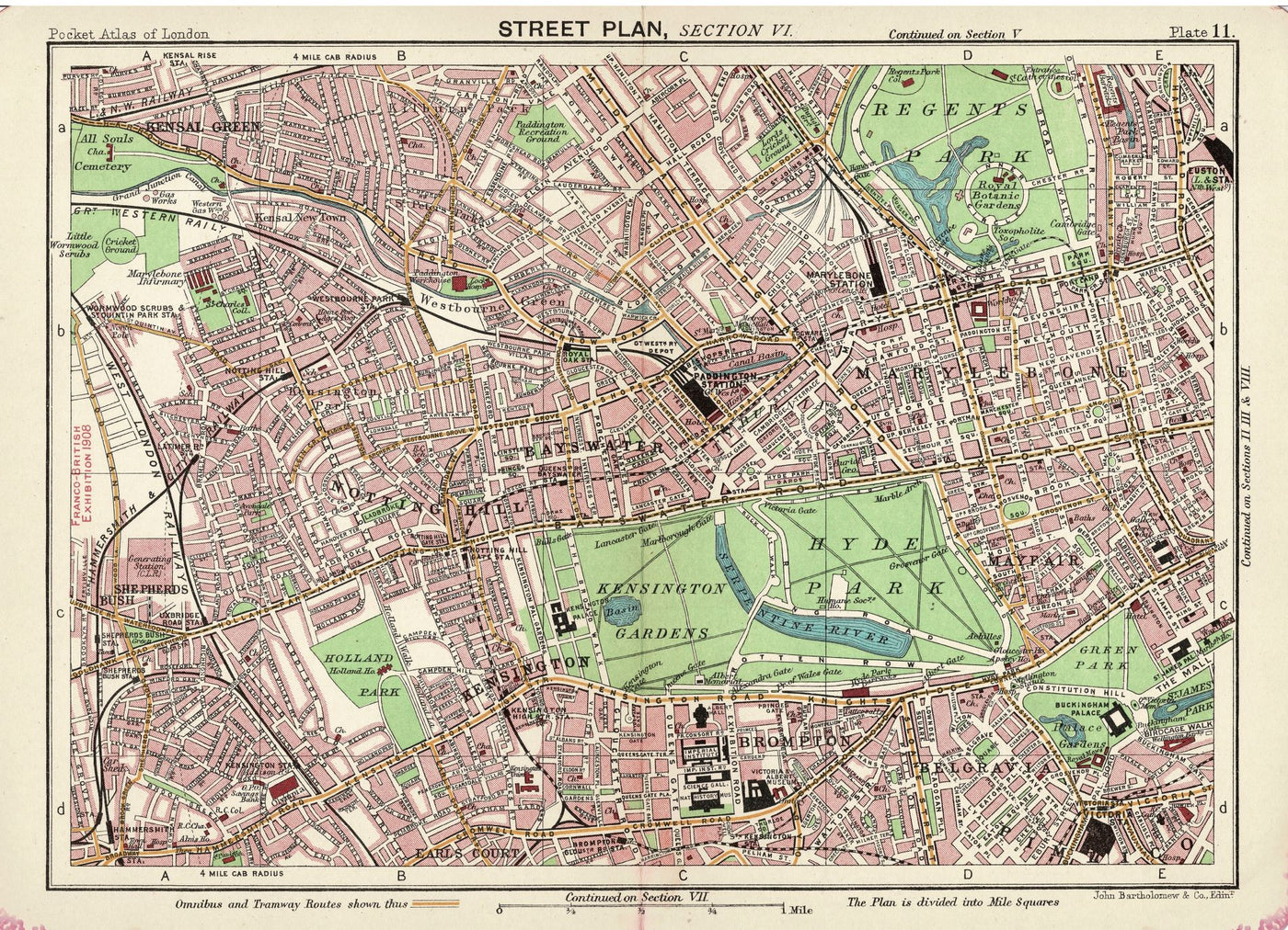 Hyde Park Kensington Gardens environs antique map published 1907