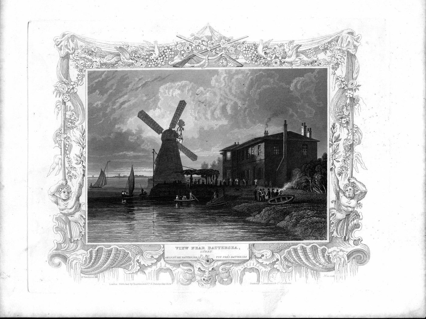 Windmill on the banks of the River Thames at Battersea antique print 1840