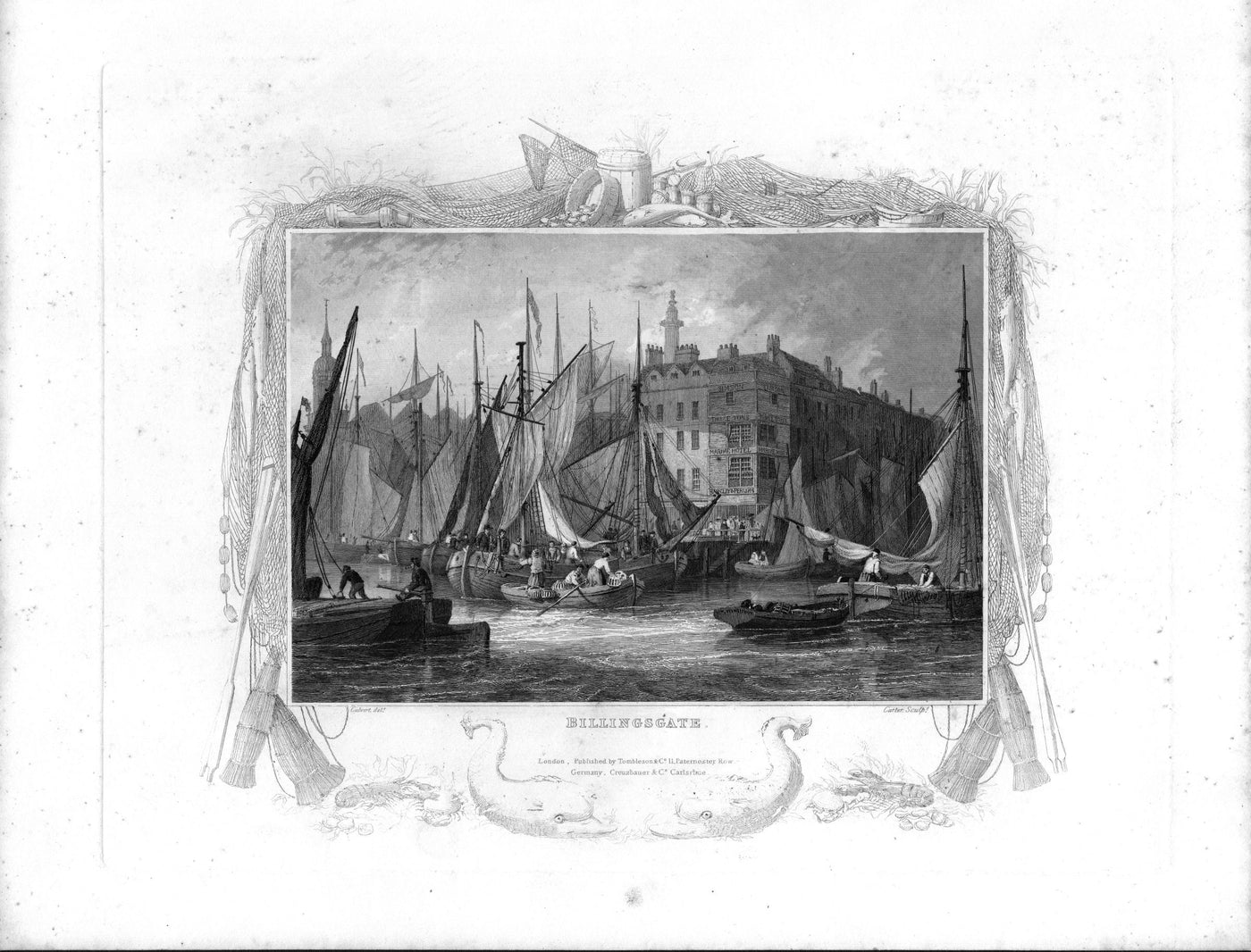 Billingates fish market viewed from the River Thames antique print 1840