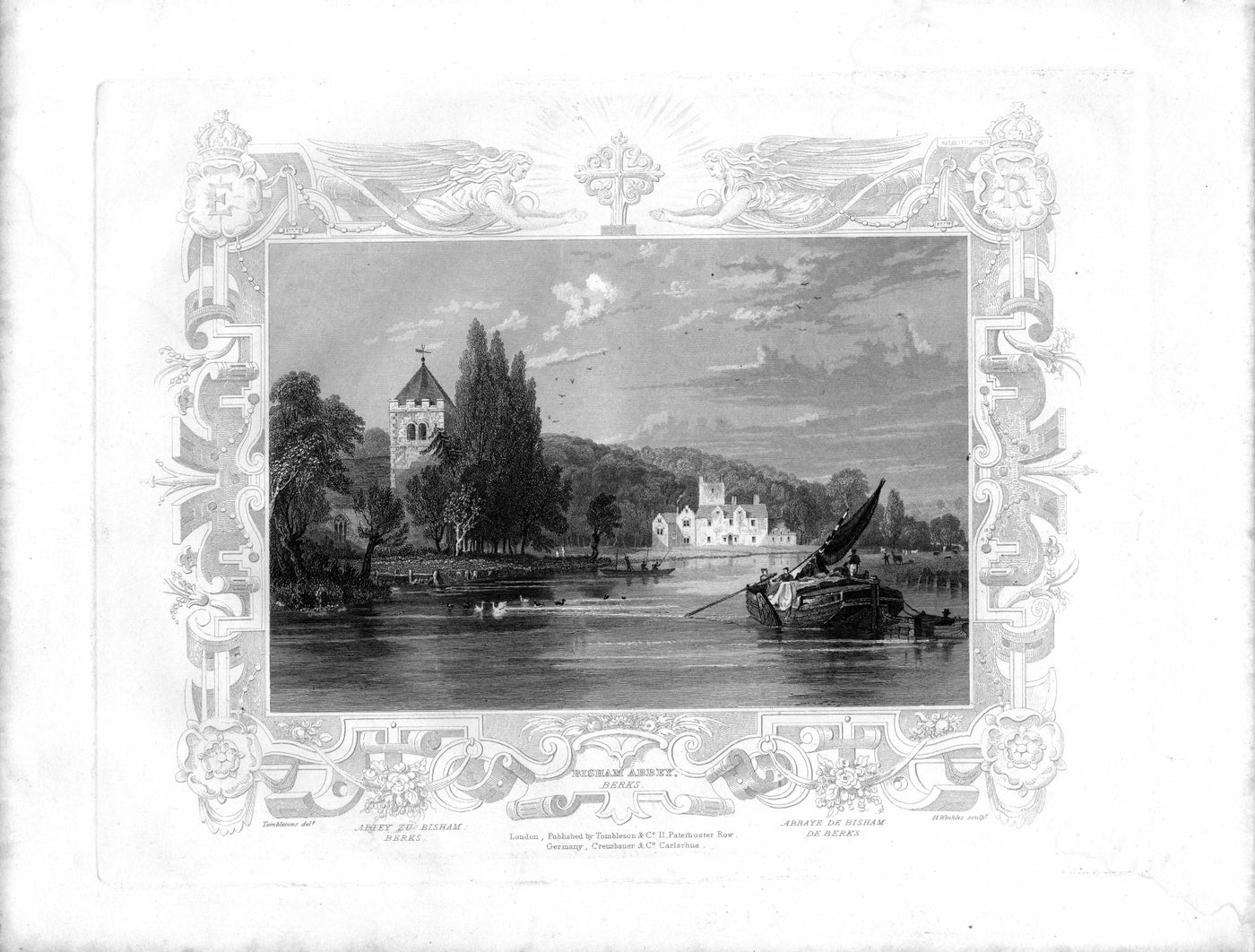 Bisham Abbey Berkshire from across the River Thames antique print 1840