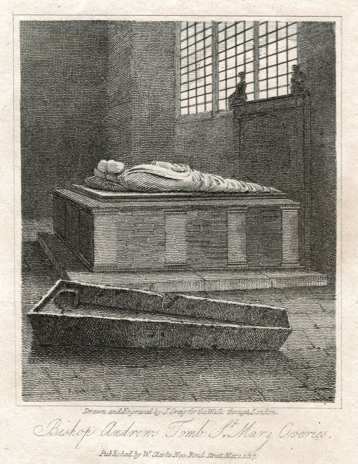 Bishop Andrew's tomb, St Mary Overie's Church, Southwark, London, antique print 1817