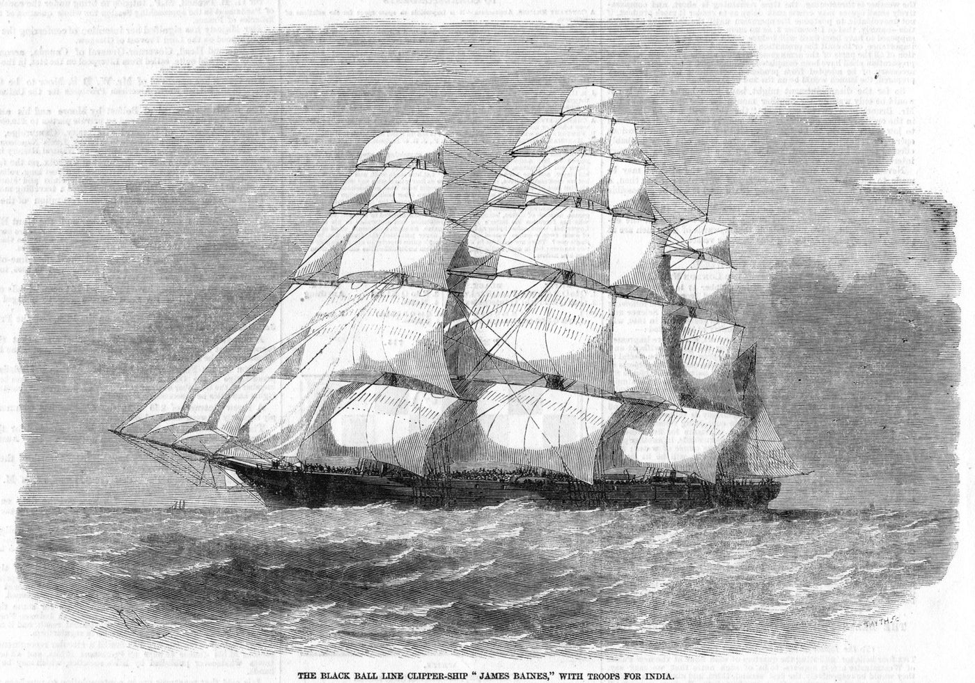 Black Ball Line Clipper Ship 'James Baines' with troops for India antique print 1857