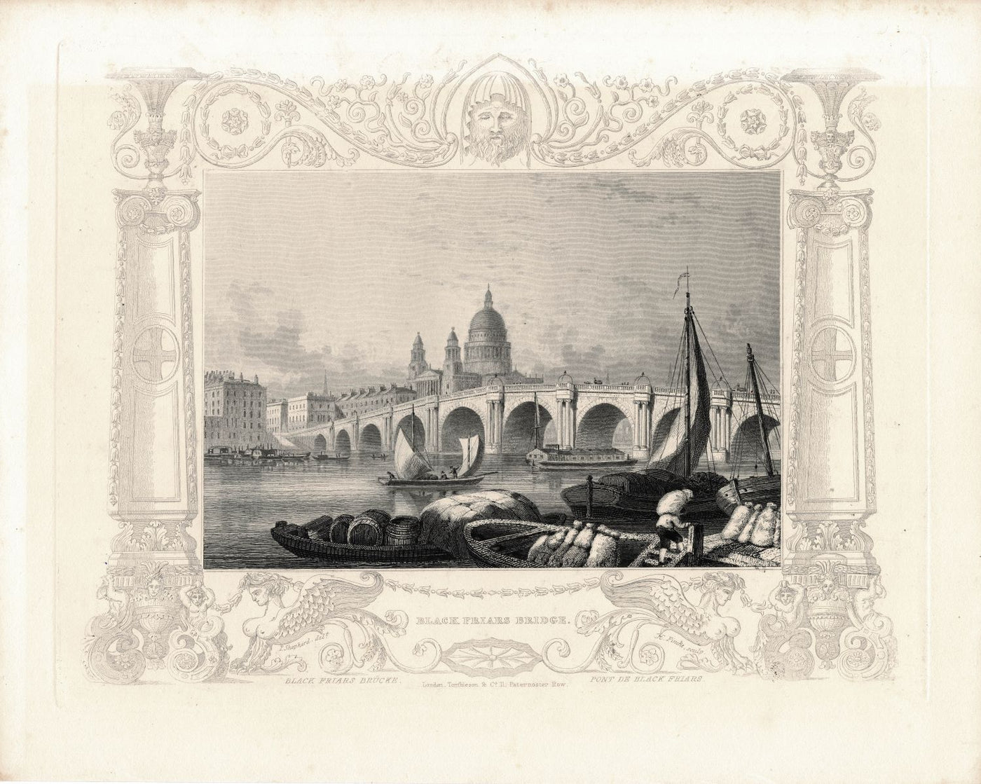 Blackfriars Bridge antique print 1840