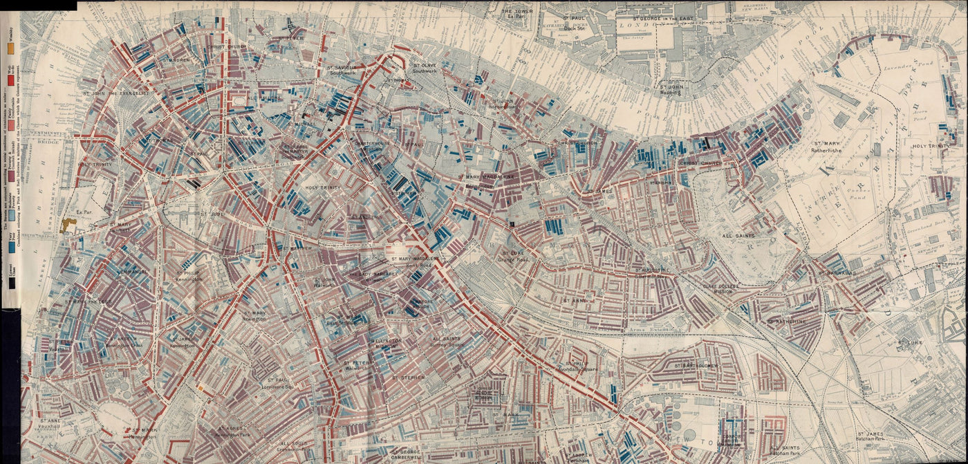 Poverty map from Westminster to Surrey Docks Charles Booth 1902
