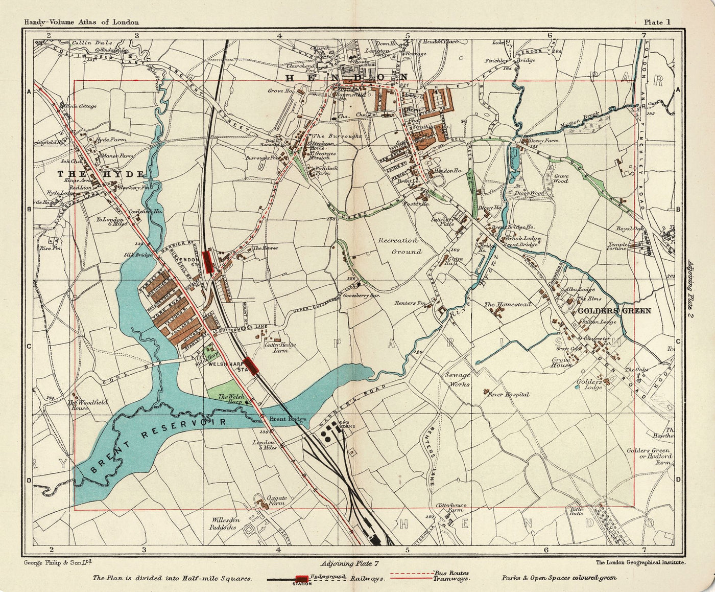 Brent, Golders Green, The Hyde and Hendon antique map 1907