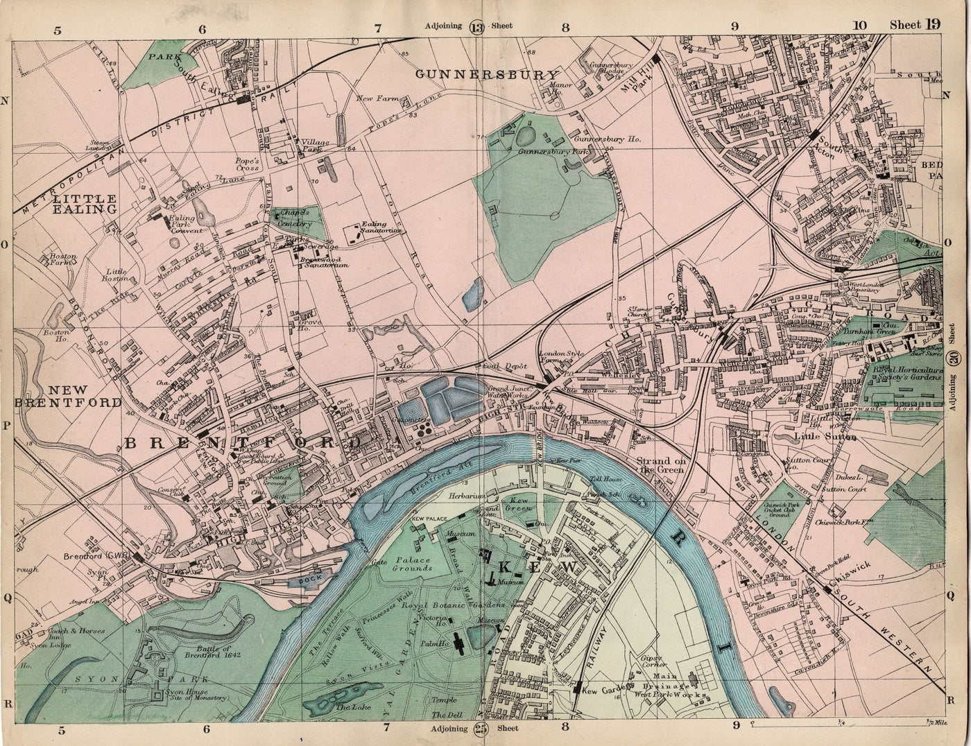 Brentford Kew Gunnersbury and Chiswick environs antique map 1897