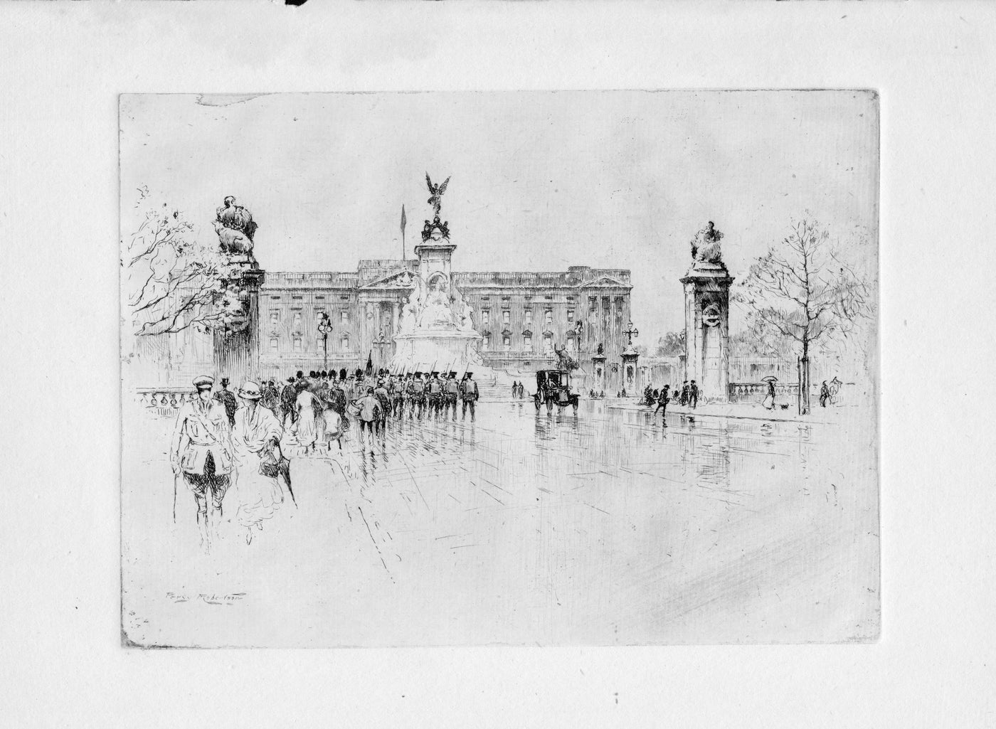 Buckingham Palace, London. vintage etching by Percy Robertson, published 1930.