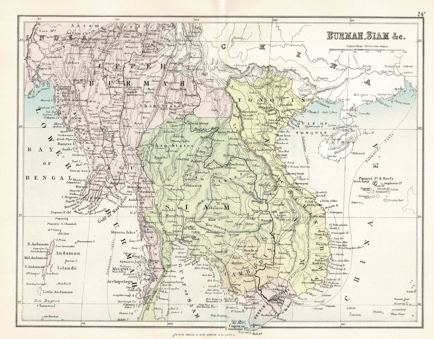Burma and Siam antique map, 1891