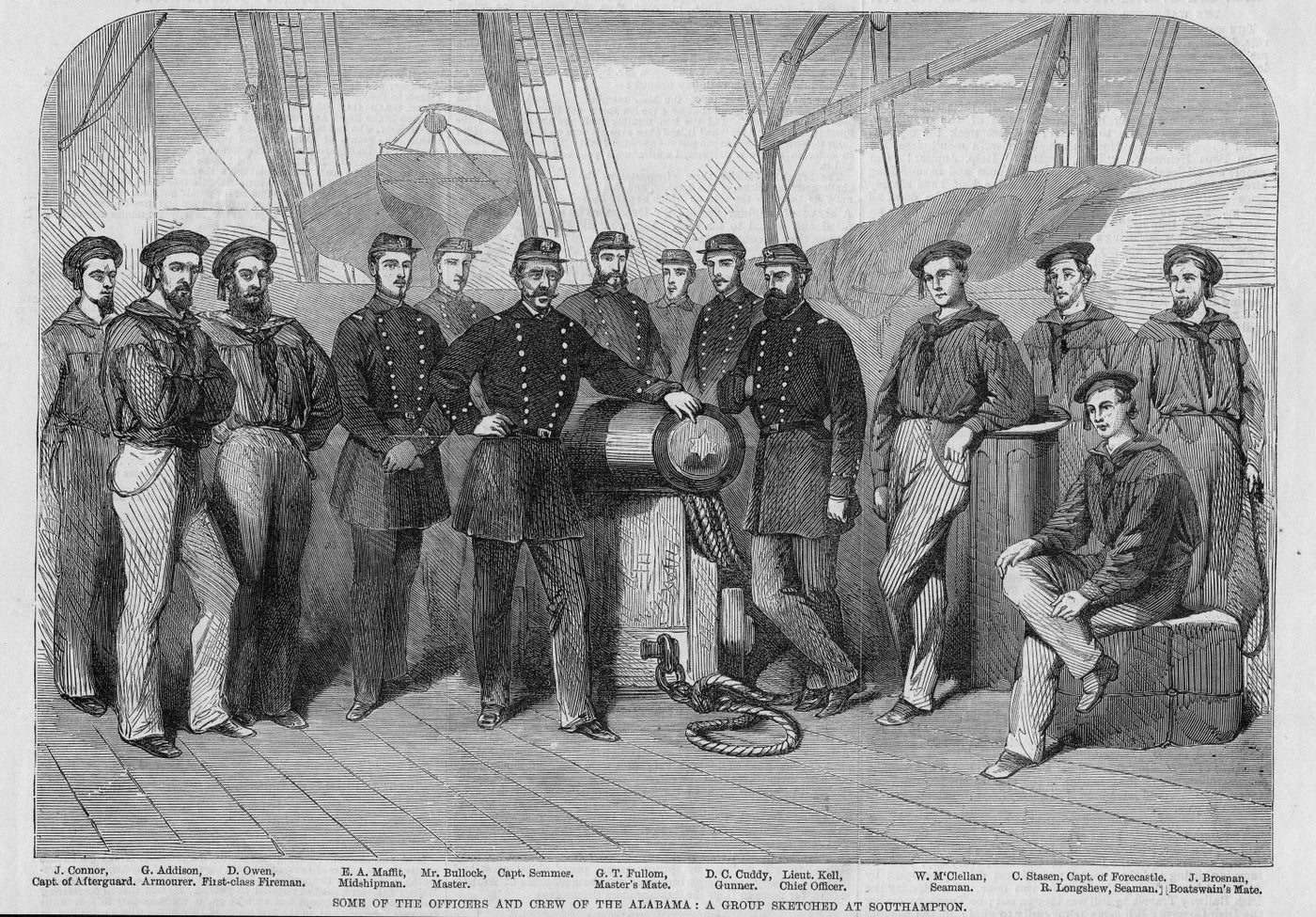 CSS Alabama crew sketched at Southampton England antique print.