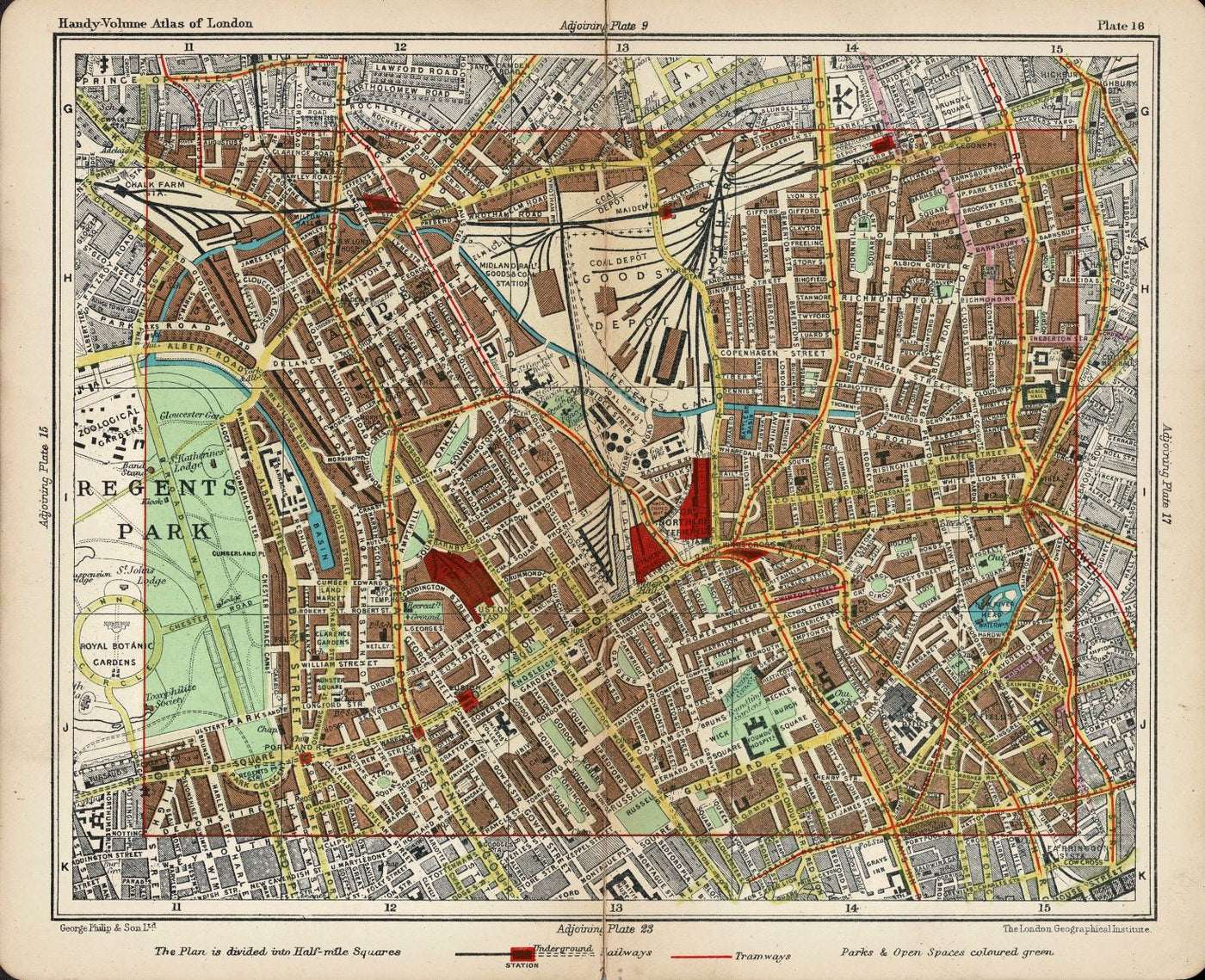 Camden Town, Islington, Pentonville, Regents Park, Mount Pleasant antique map 1907
