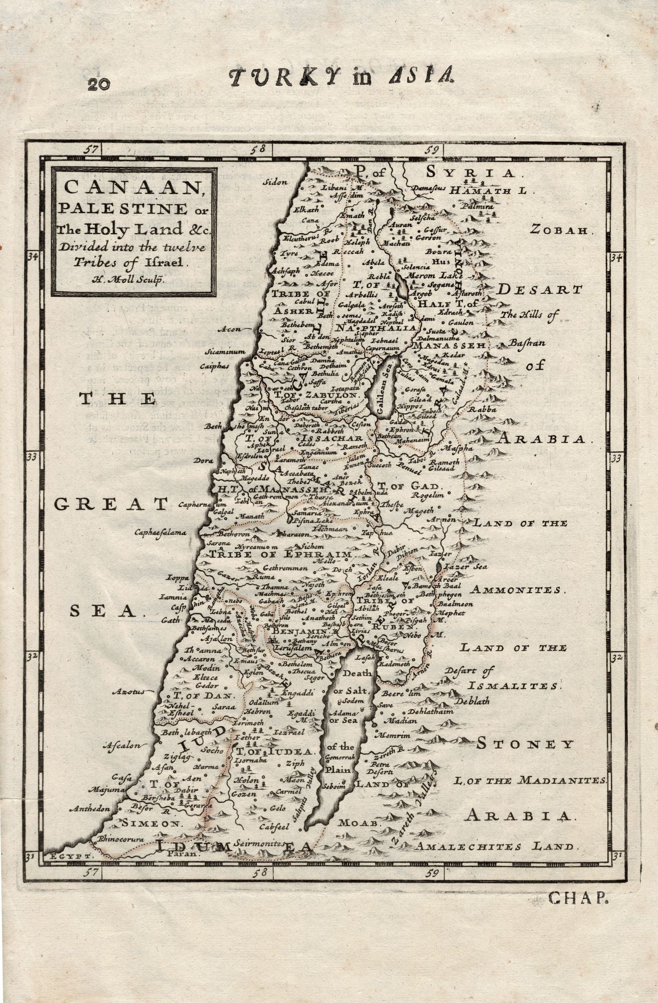 Canaan, Palestine or the Holy Land antique map published 1709