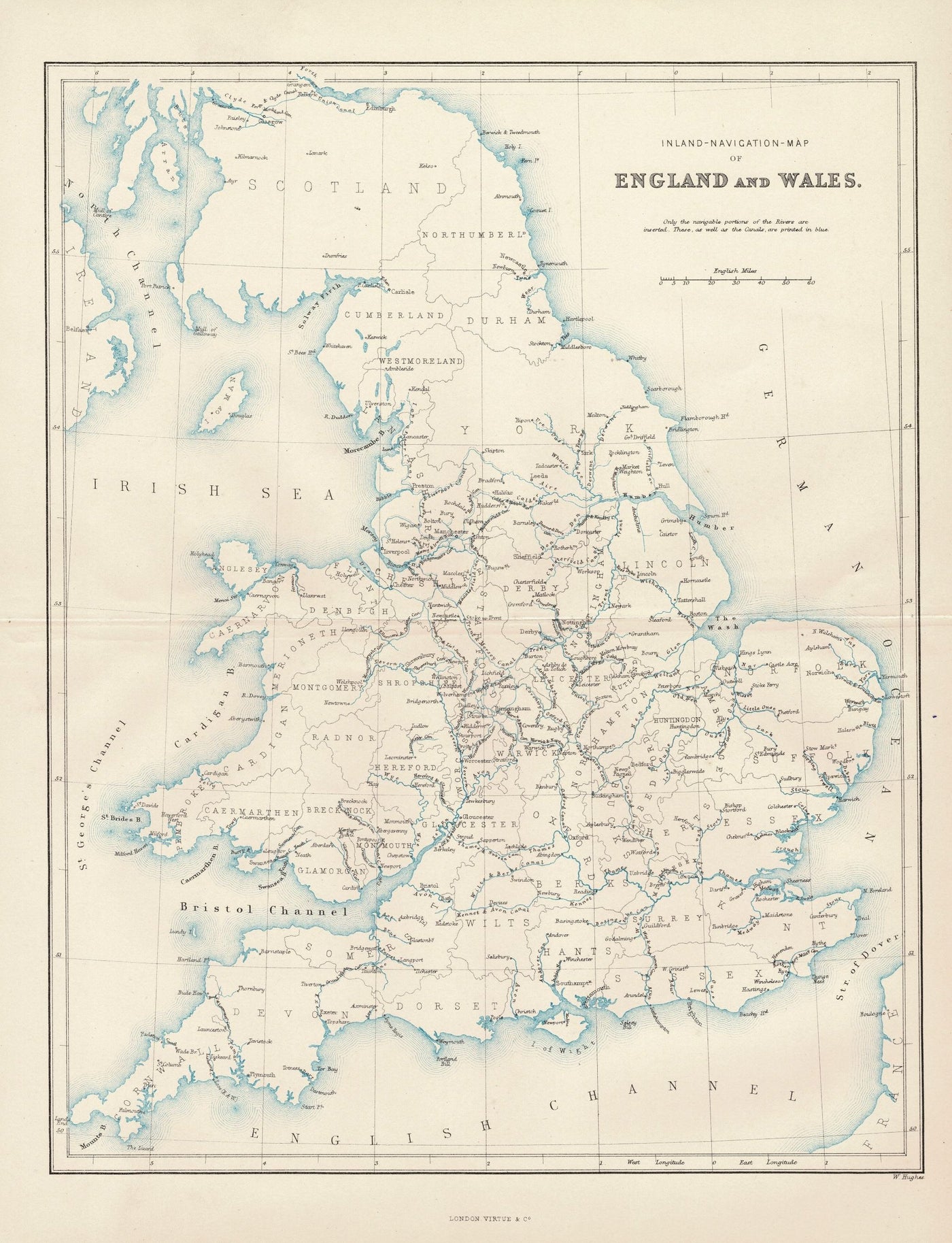 Navigable rivers of England and Wales antique map 1868
