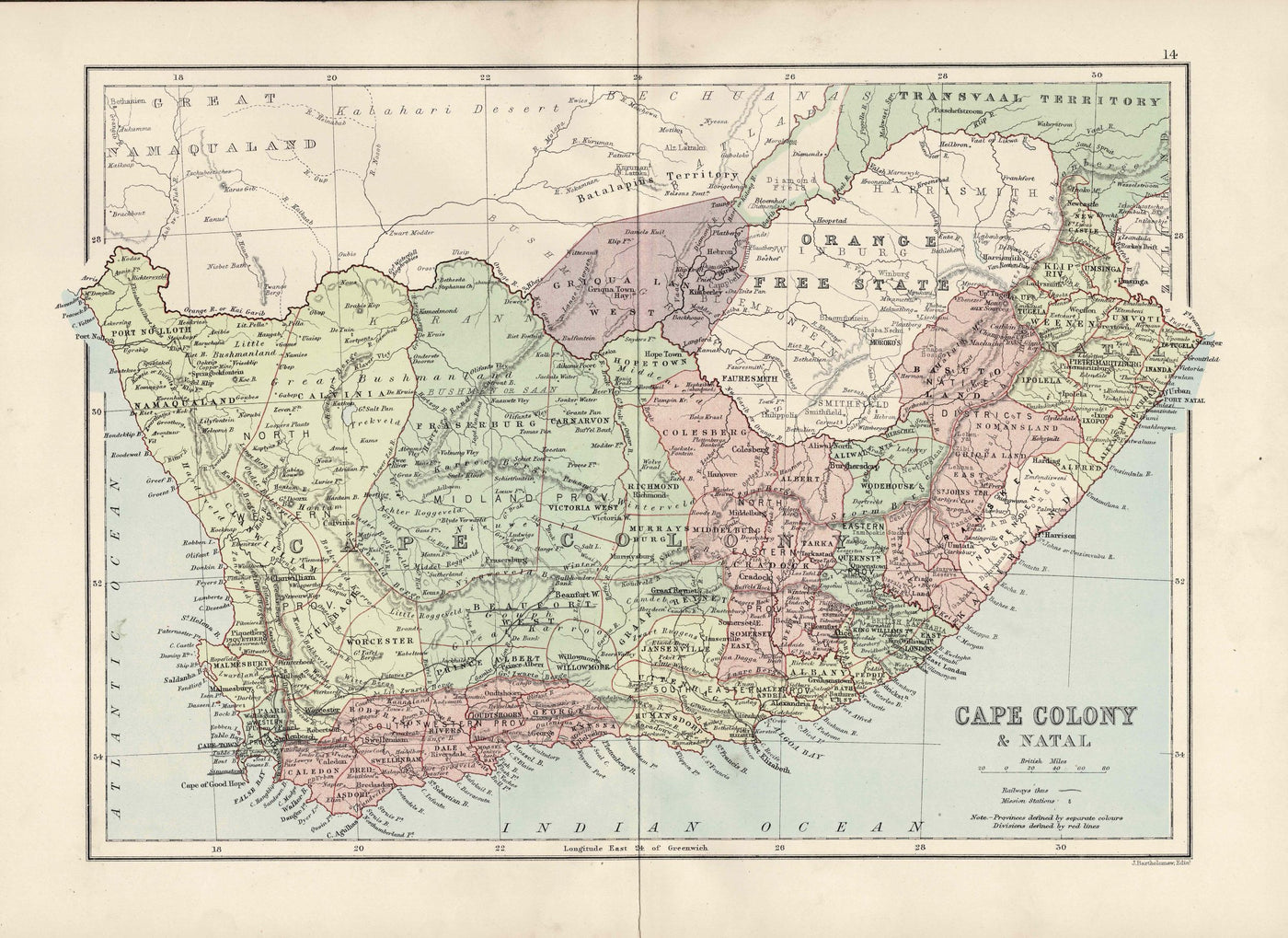 Cape Colony and Natal antique map 1884