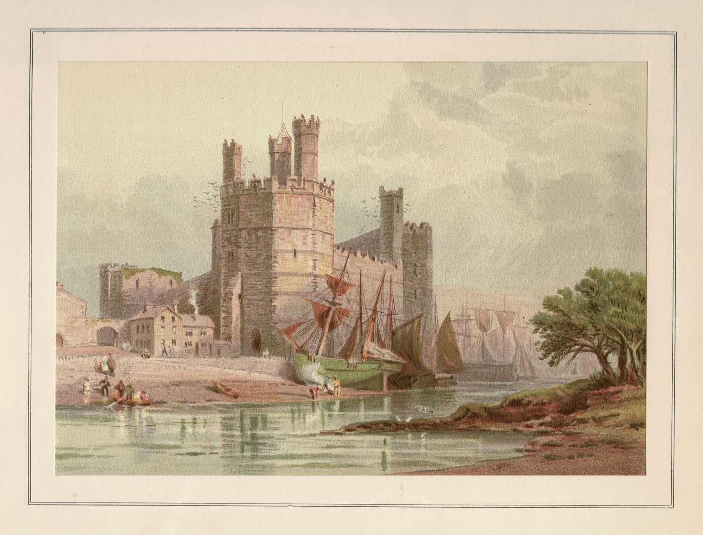 Carnarvon Caernarfon Castle Gwynedd Wales antique print 1879