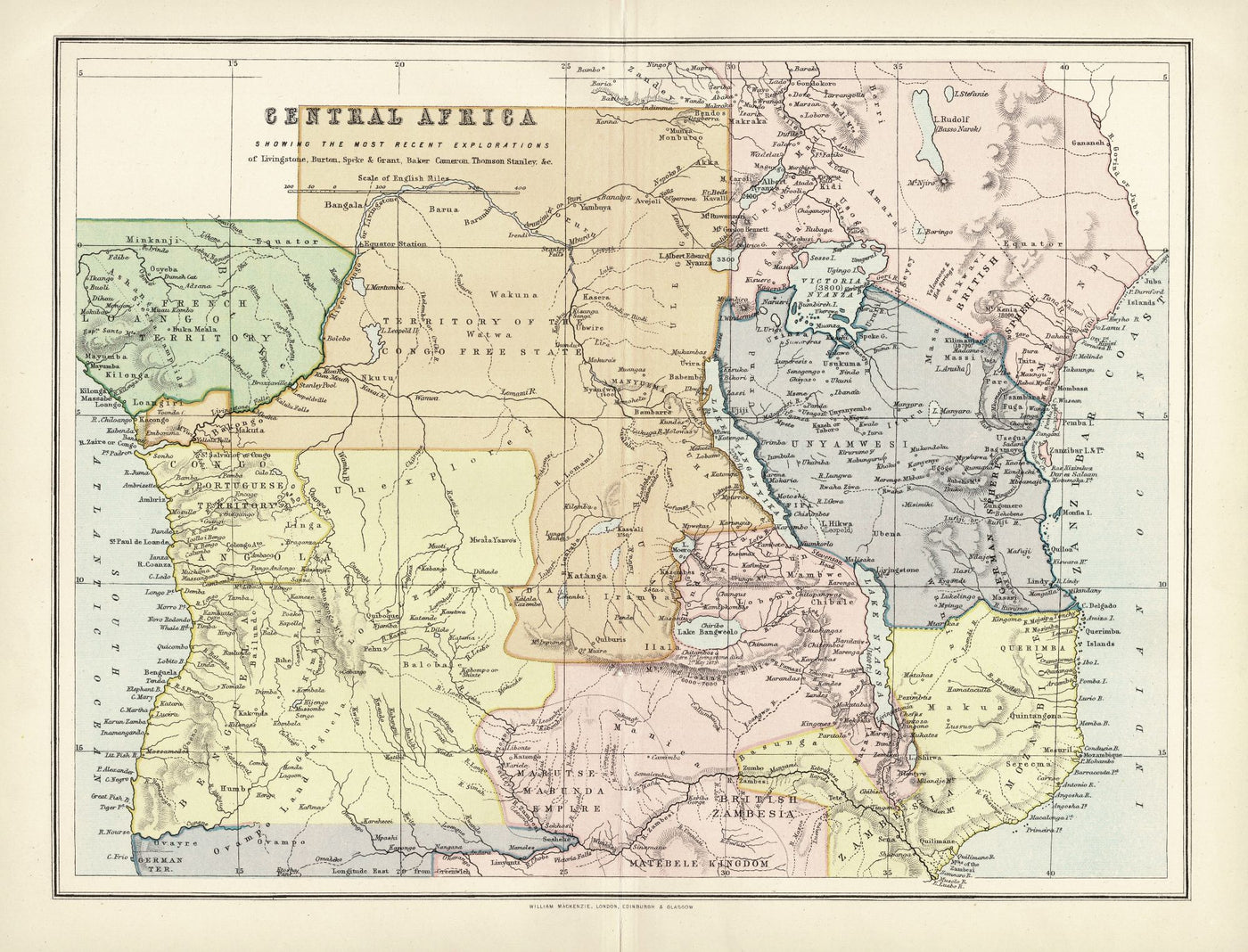 Central Africa antique map published by William Mackenzie c.1880