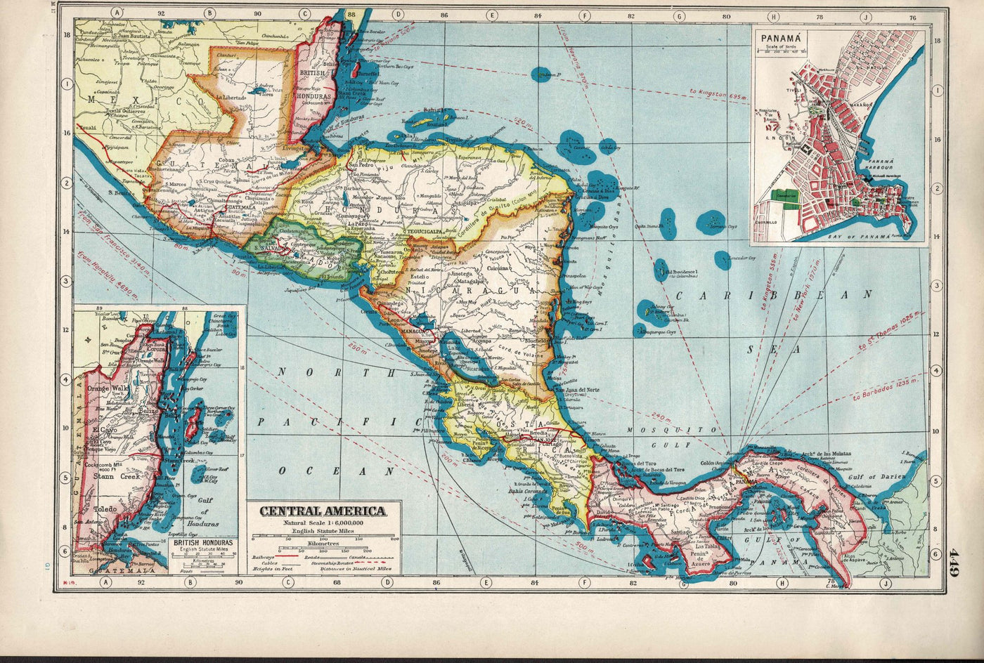 Central America antique map from An Atlas of the Great War, published 1920.