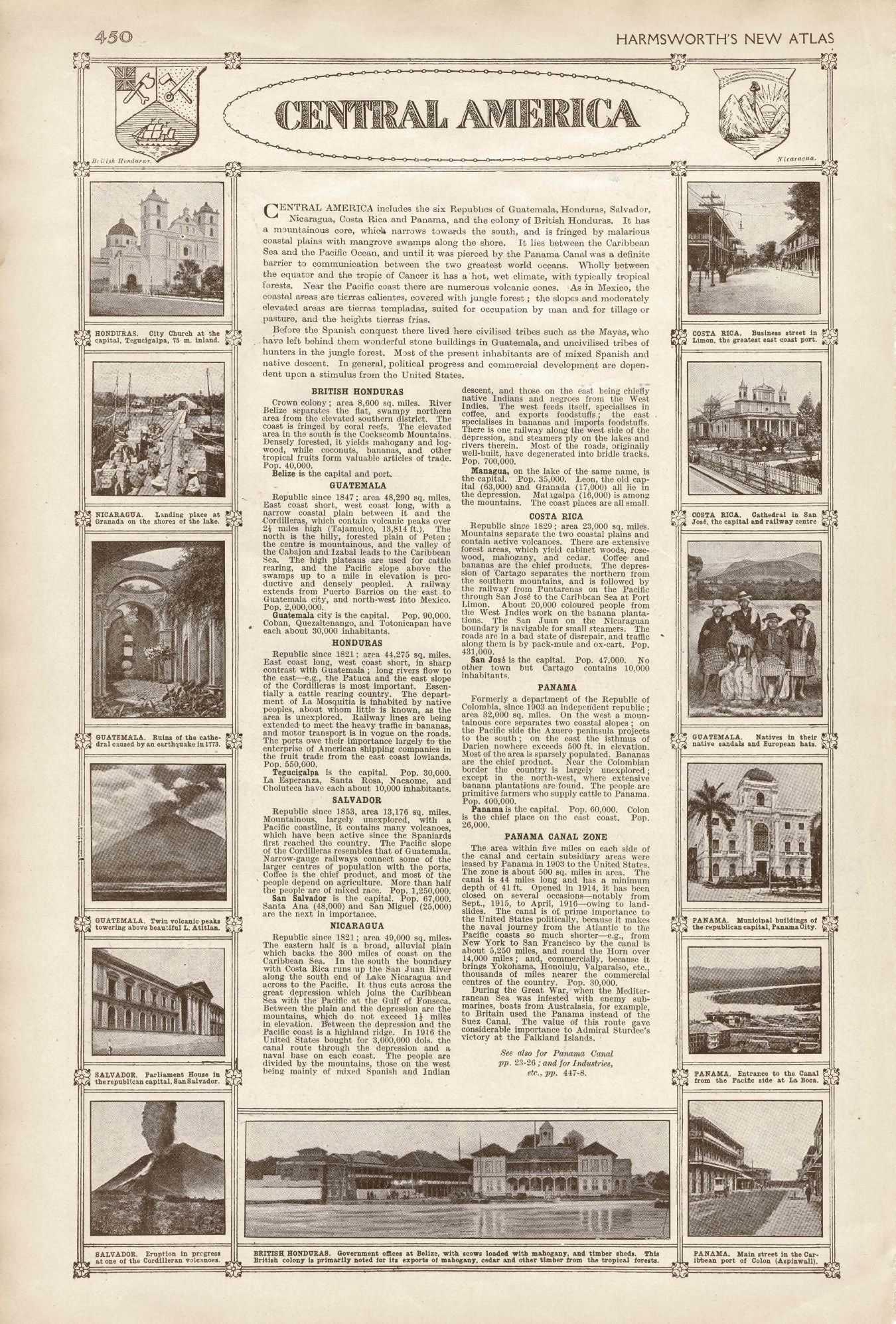 Central America antique map from An Atlas of the Great War, published 1920.