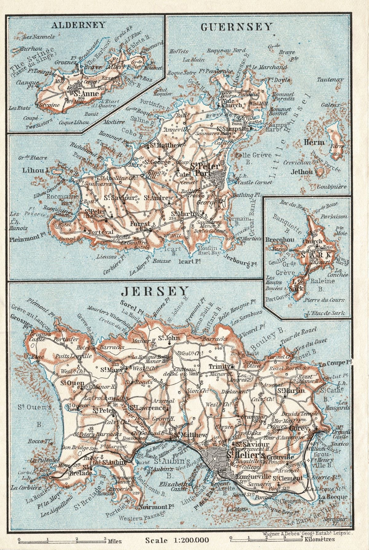 Channel Islands, Jersey, Guernsey, Alderney, Sark, Herm, antique map 1899