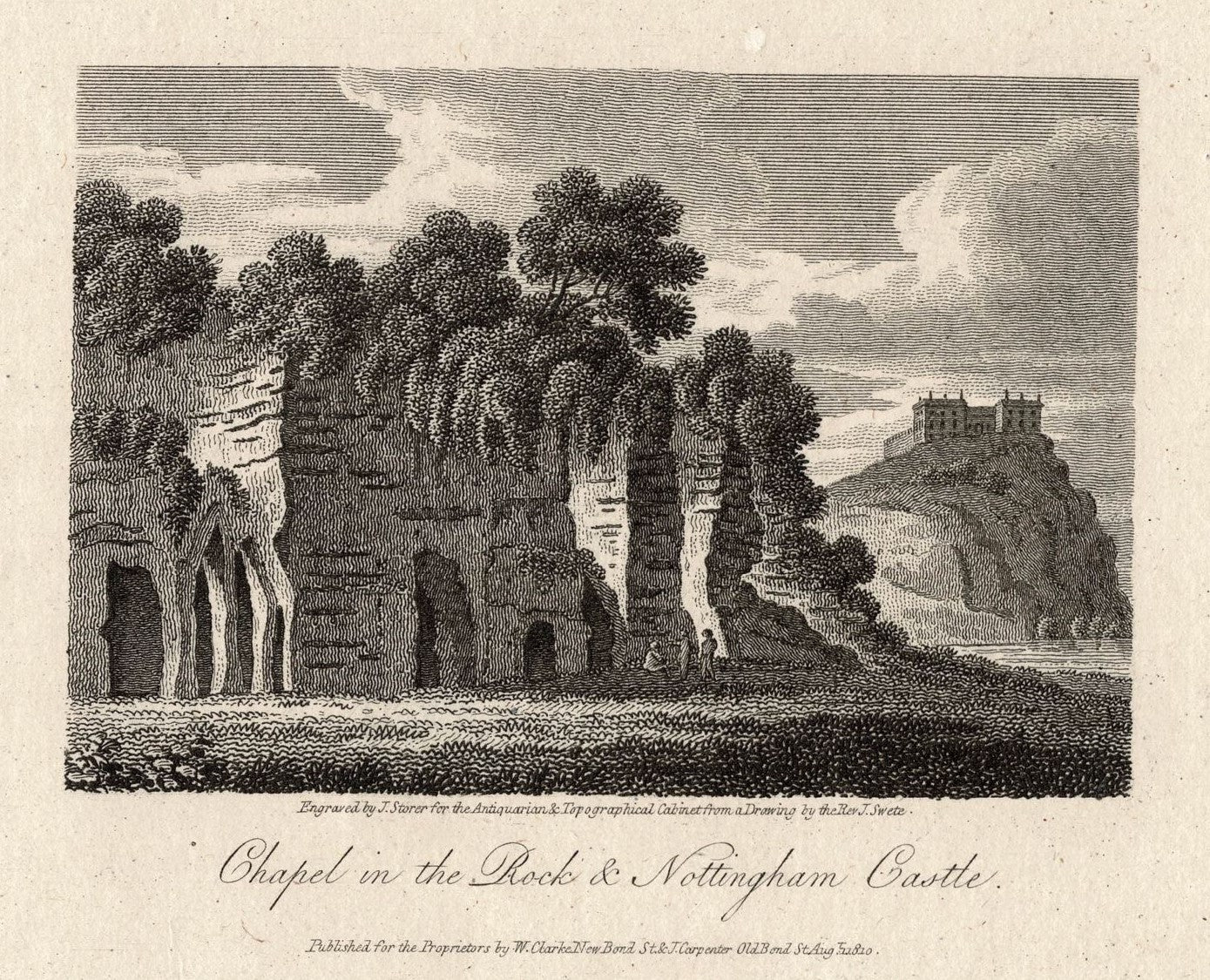 Nottingham Castle & Chapel in the Rock antique print 1816