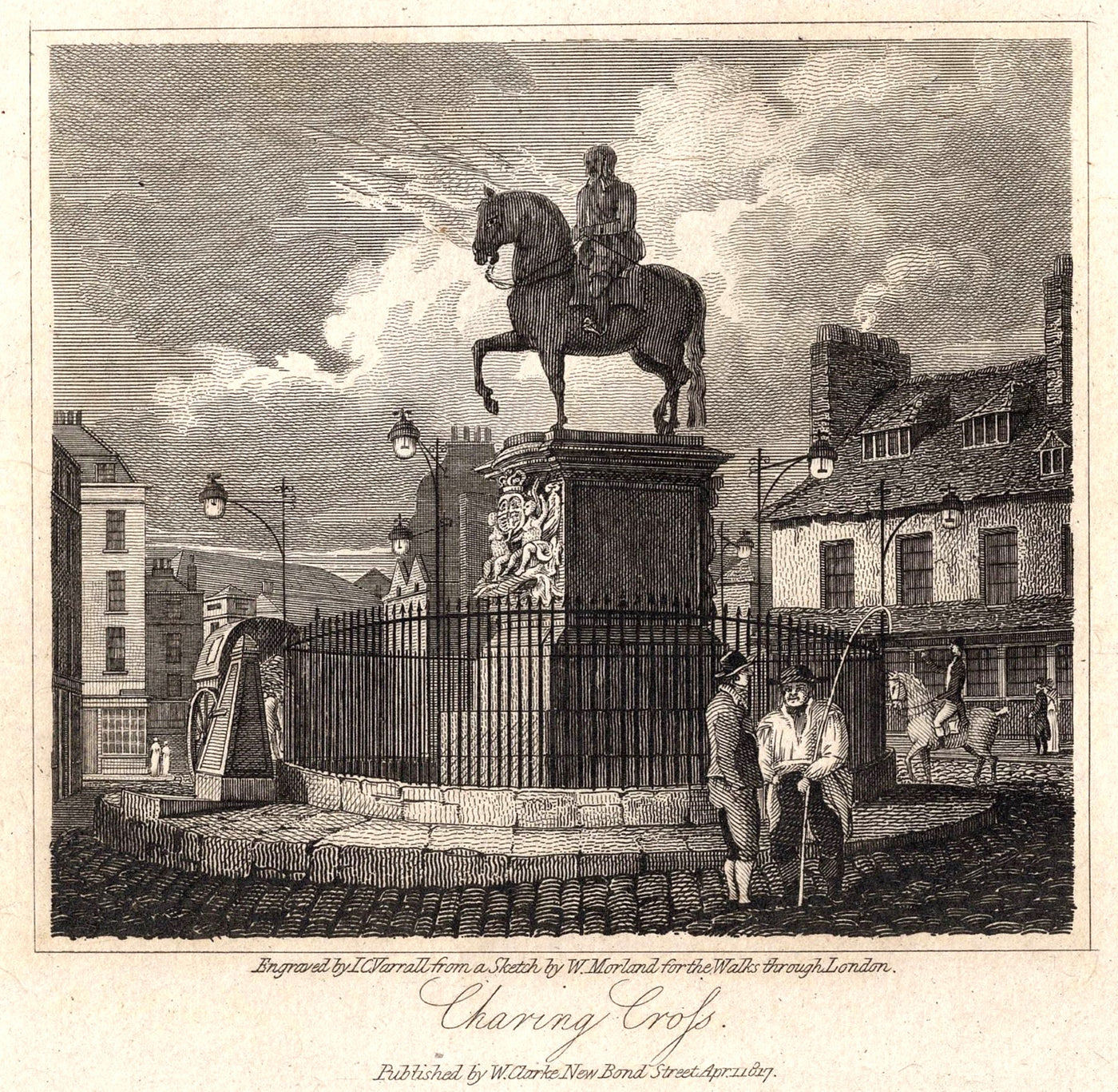 Charing Cross with the statue of King Charles I antique print 1817