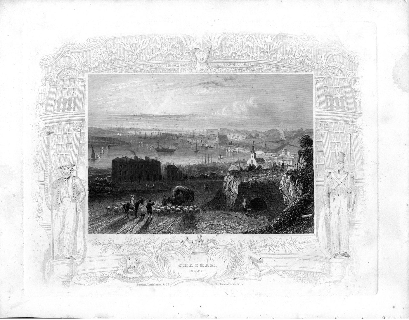 Chatham Dockyard on the River Medway in Kent antique print 1840