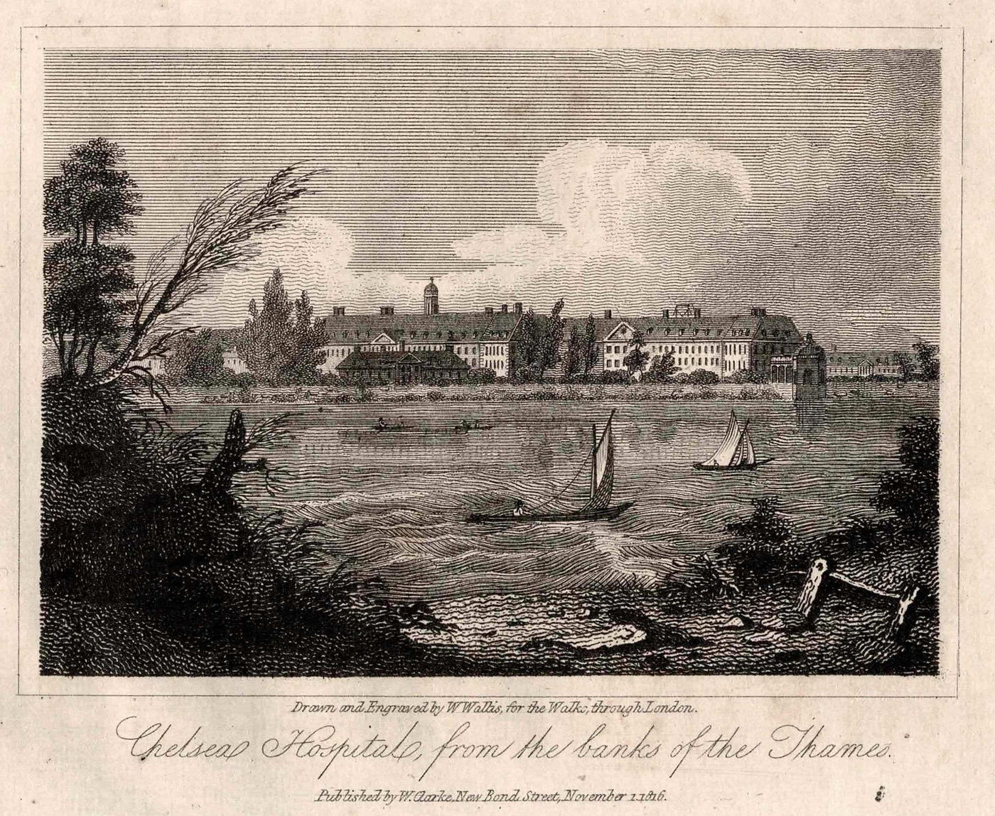 Chelsea Hospital from the banks of the Thames antique print 1817