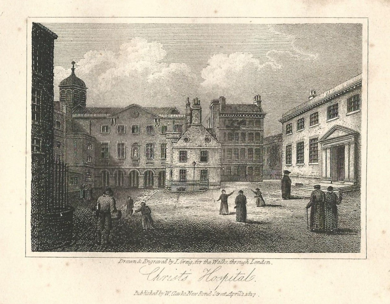 Christ's Hospital School, City of London antique print 1817