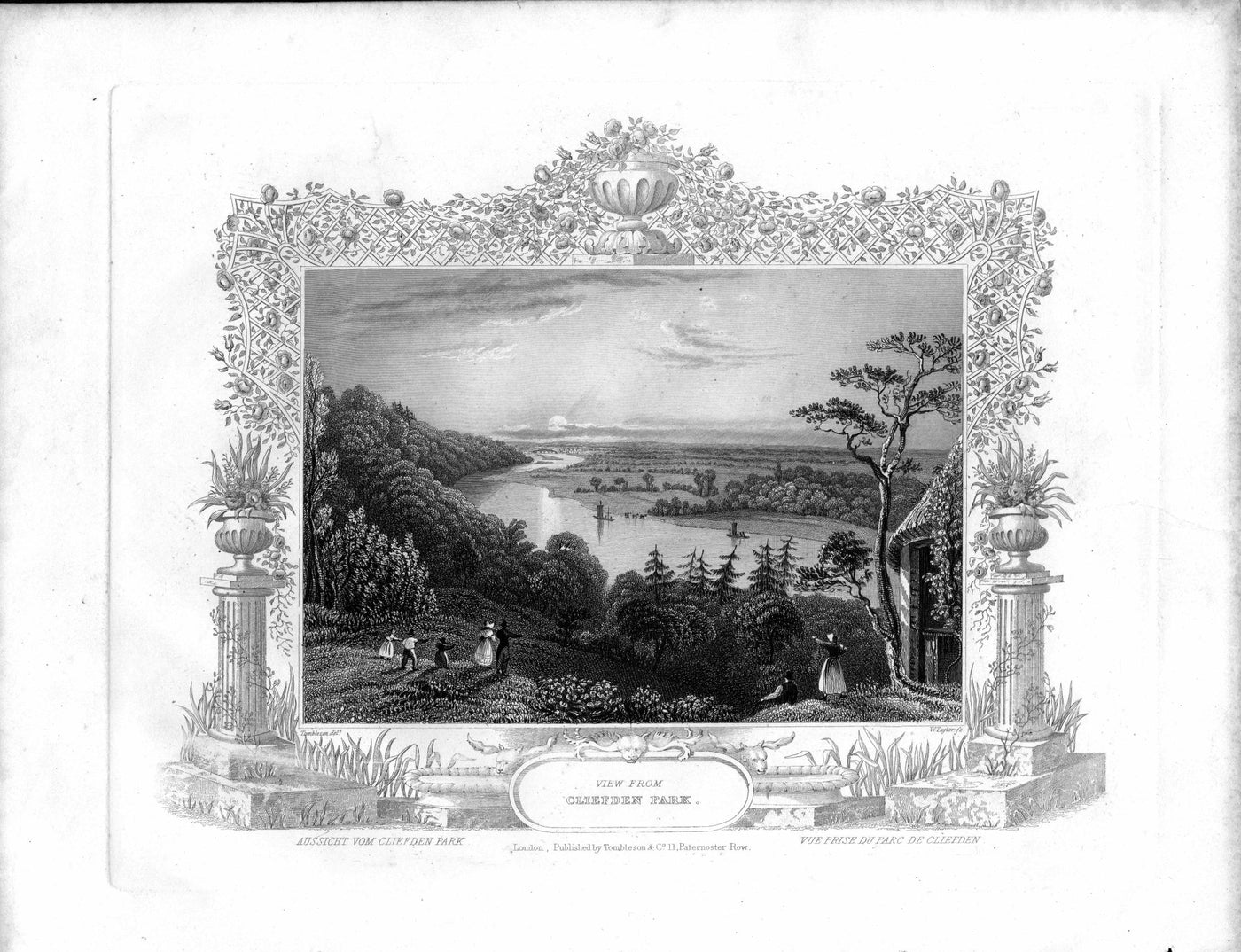 Cliveden Park, Buckinghamshire, view along the River Thames antique print 1840