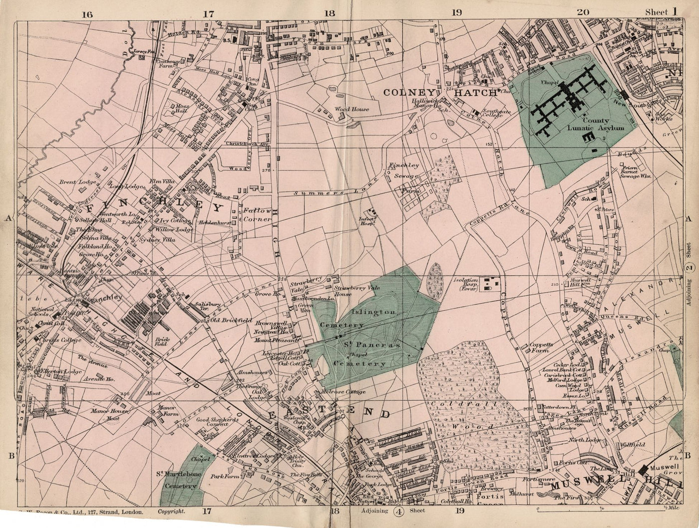 Colney Hatch Finchley antique map 1897