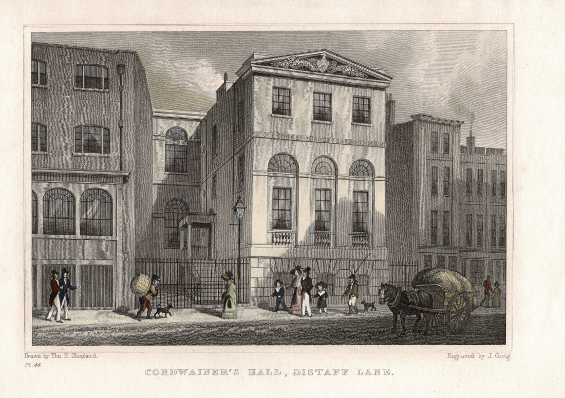 Cordwainers Hall Distaff Lane coloured antique print 1830