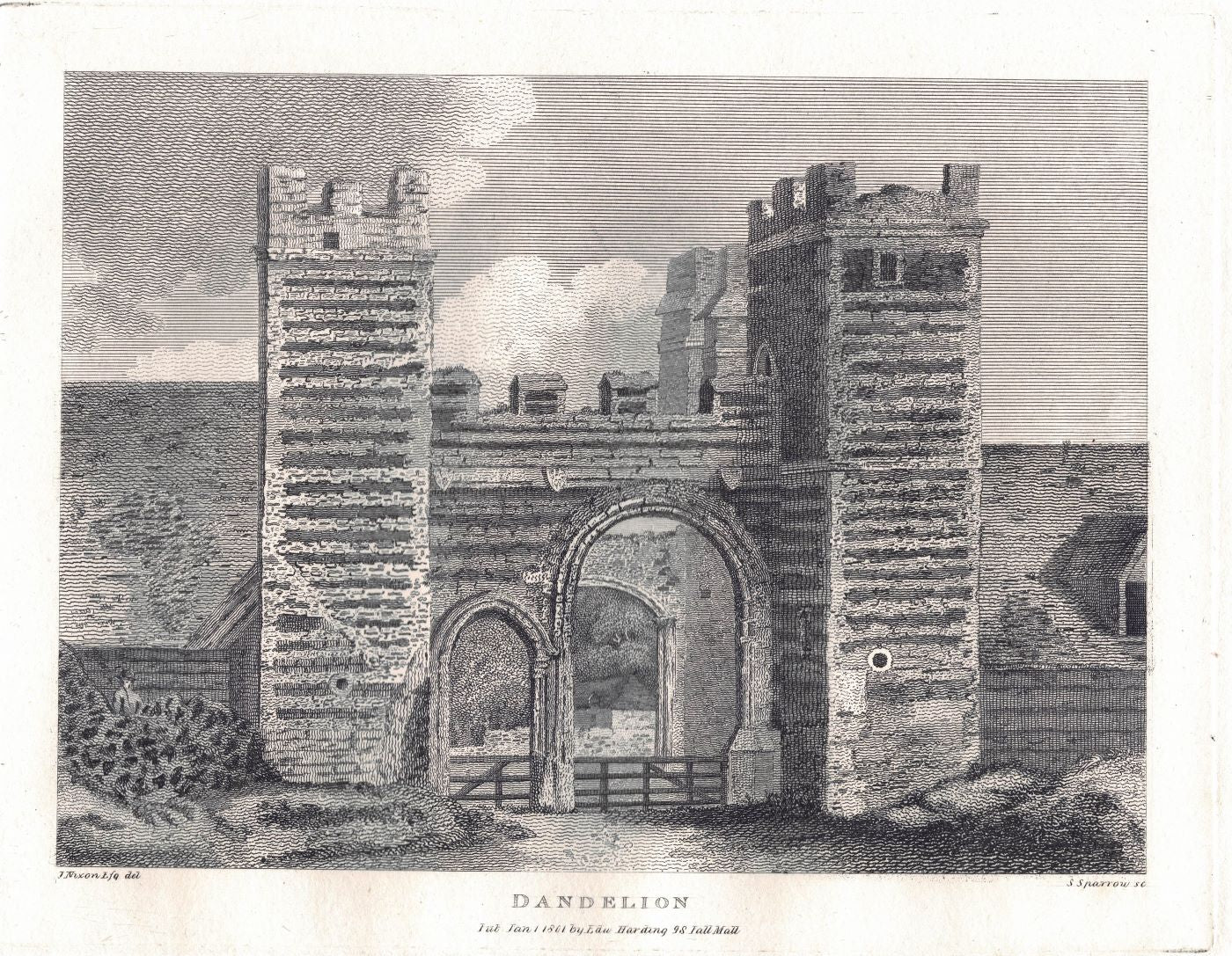 Margate Gatehouse Dandelion - Dent De Lion - Kent antique print 1801