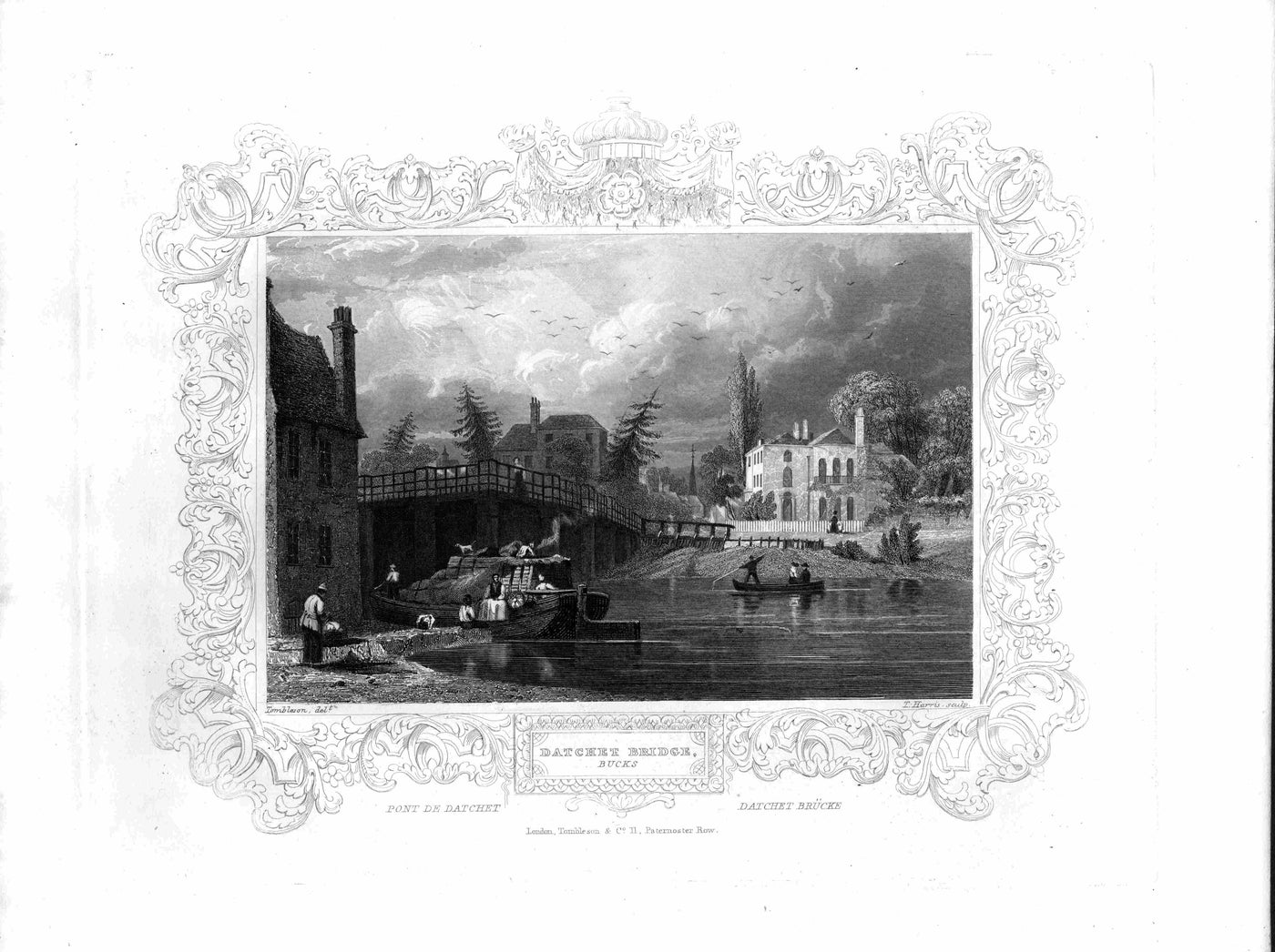 Datchet Bridge Buckinghamshire on the River Thames antique print 1840