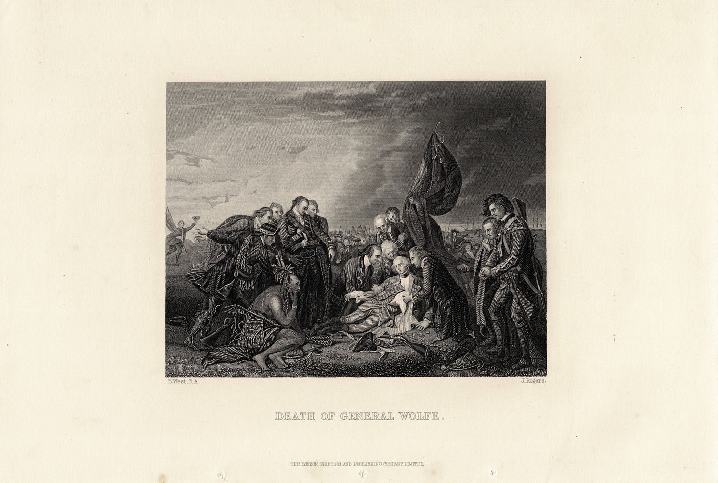 Death of General Wolfe on the 'Heights of Abraham' antique steel engraving