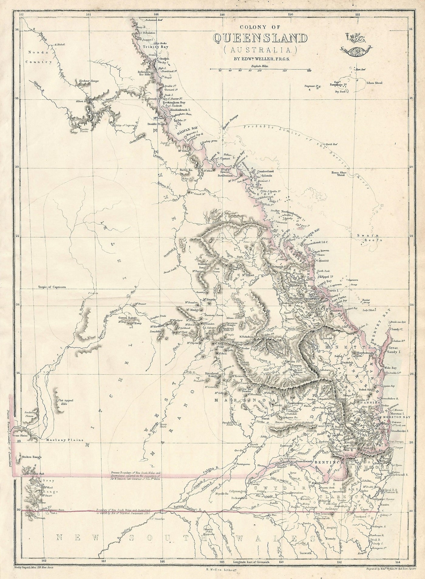 Queensland Australia antique map Weekly Dispatch Atlas 1863