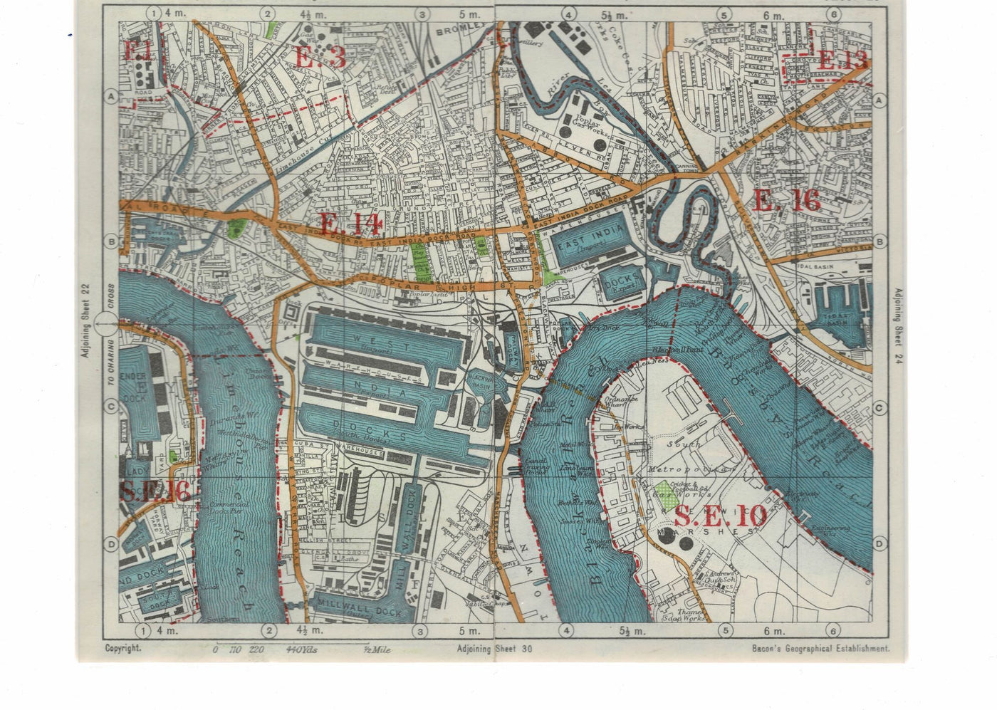 East and West India Docks East London vintage map 1938