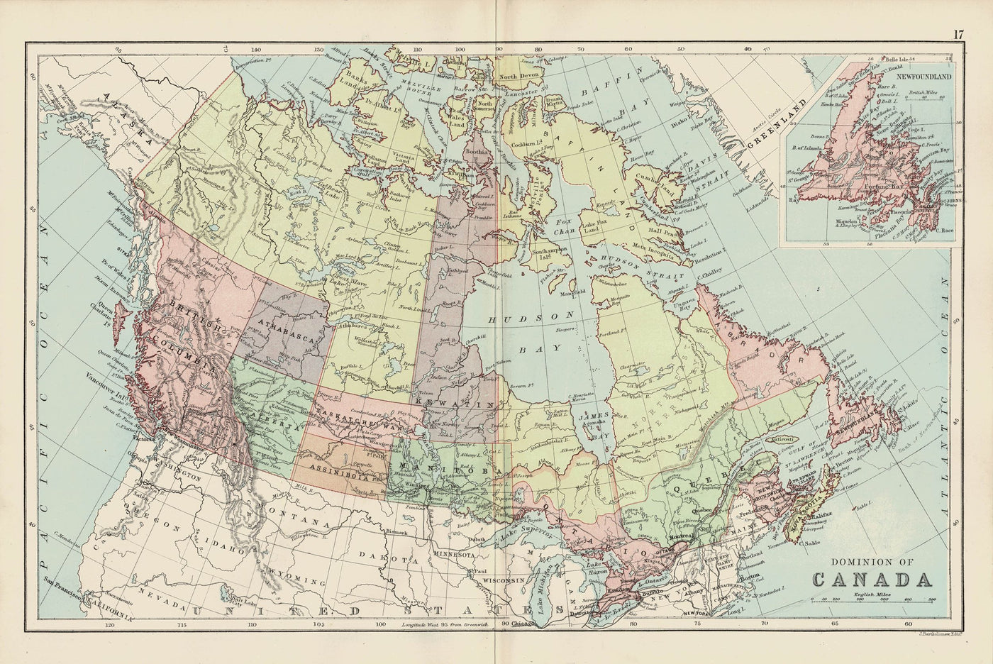 Dominion of Canada and Newfoundland antique map 1883