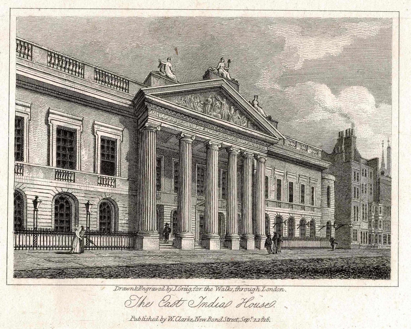 East India House Leadenhall London antique print 1817