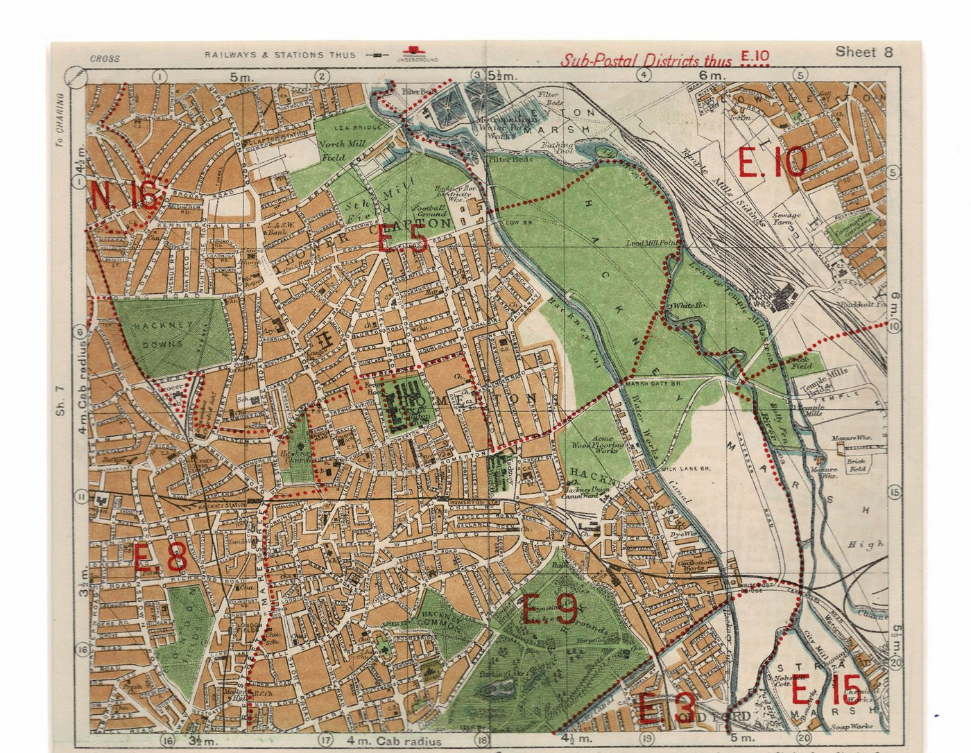 East London Sub-Postal Districts antique map c.1924